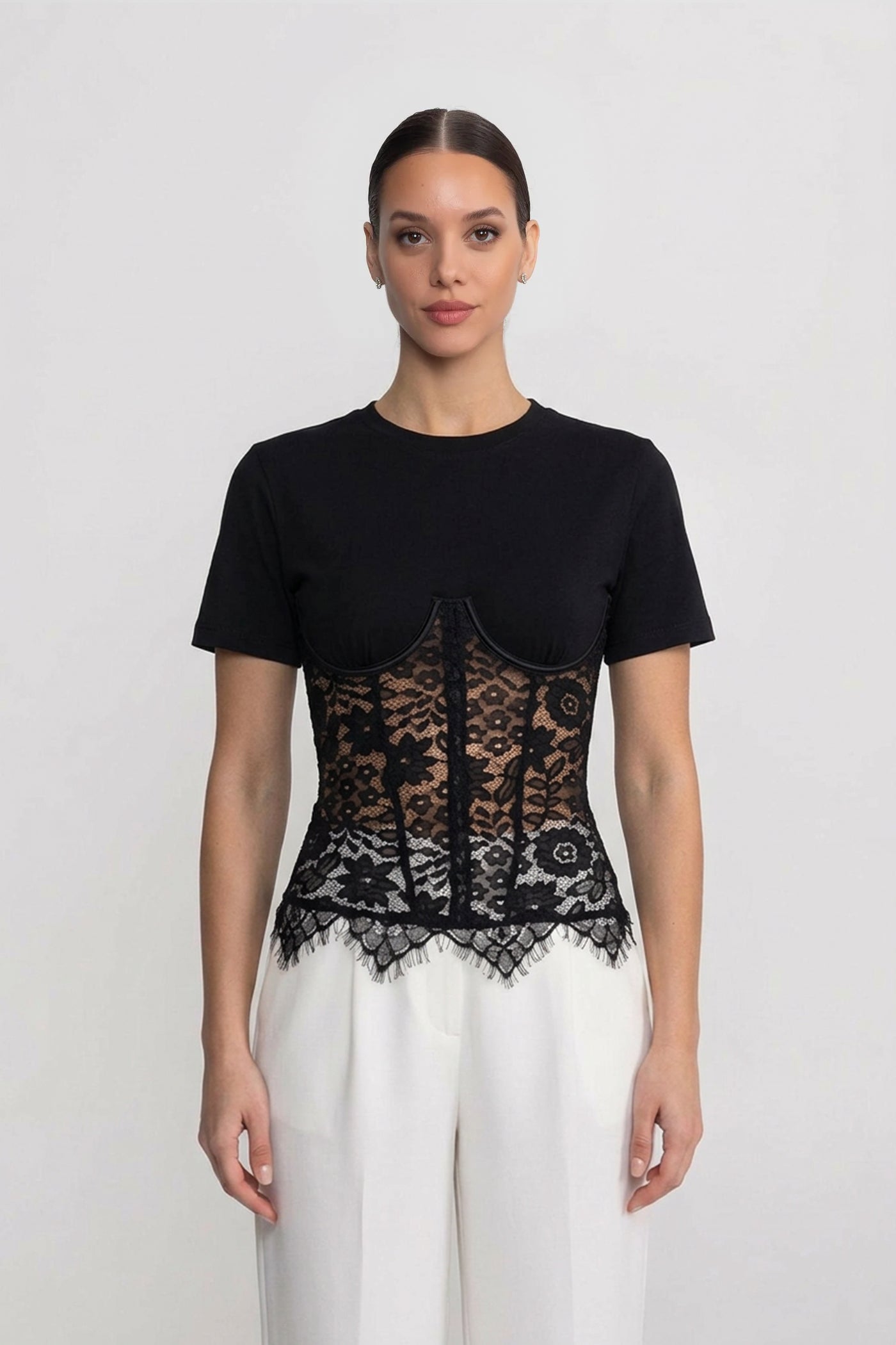 Top a Maniche Corte con Sovrapposizione Corsetto in Pizzo - Nero 
