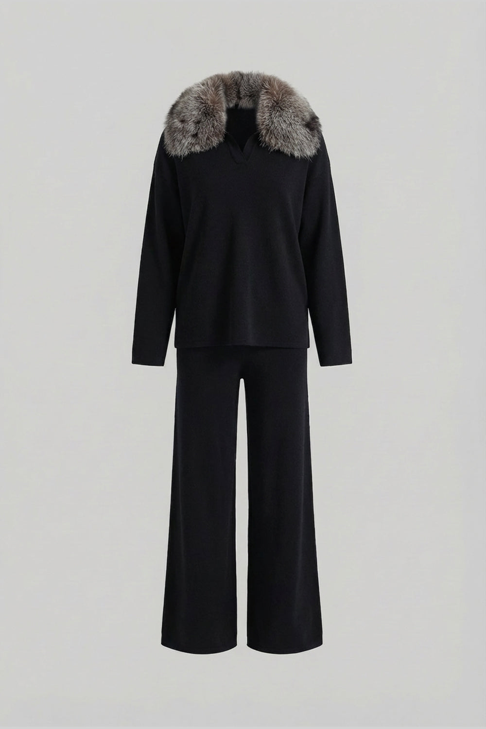 Completo Knit Lounge coordinato con colletto in pelliccia di volpe – Nero/Grigio 