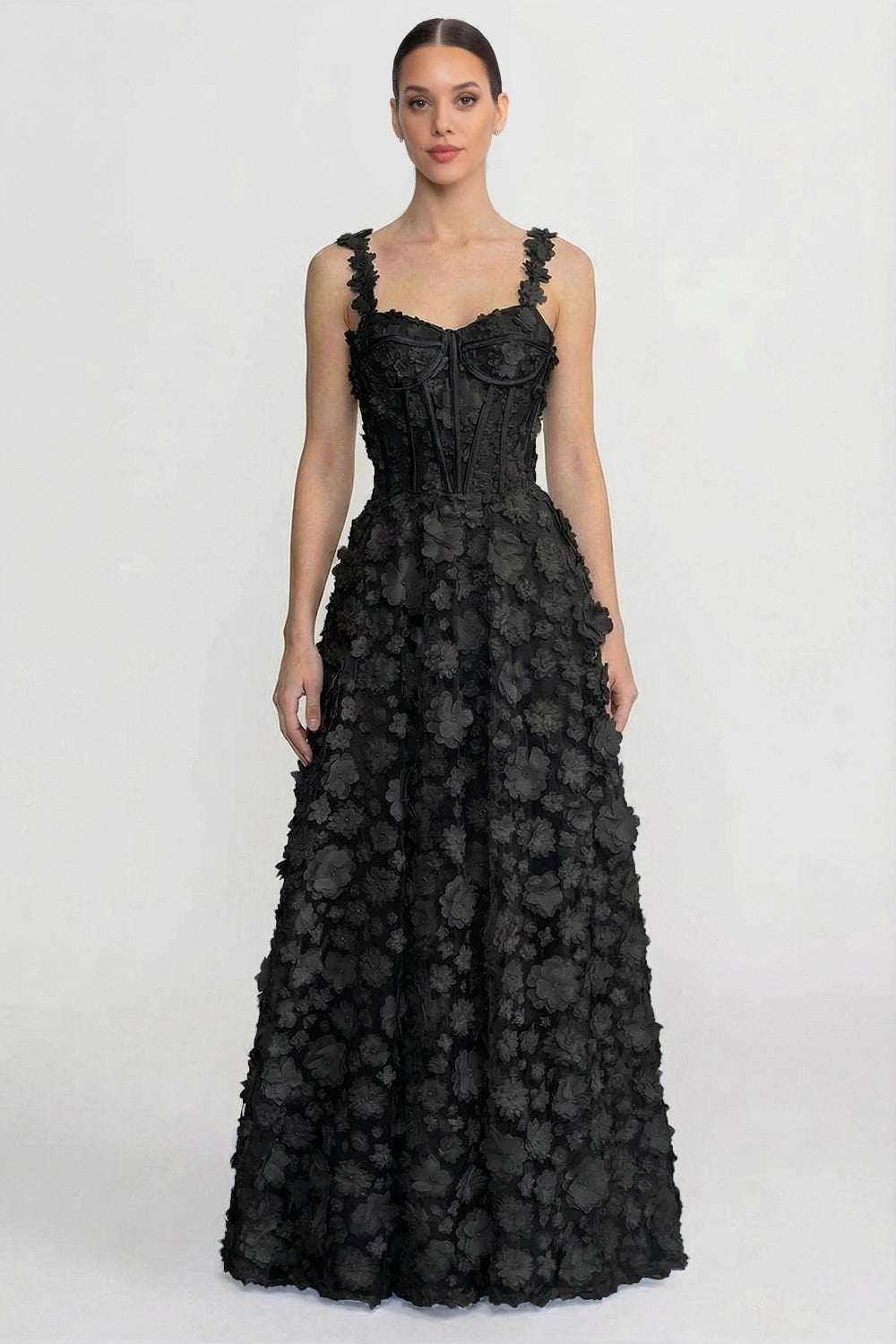Floral Appliqué Maxi Dress With Corset Bodice - Black