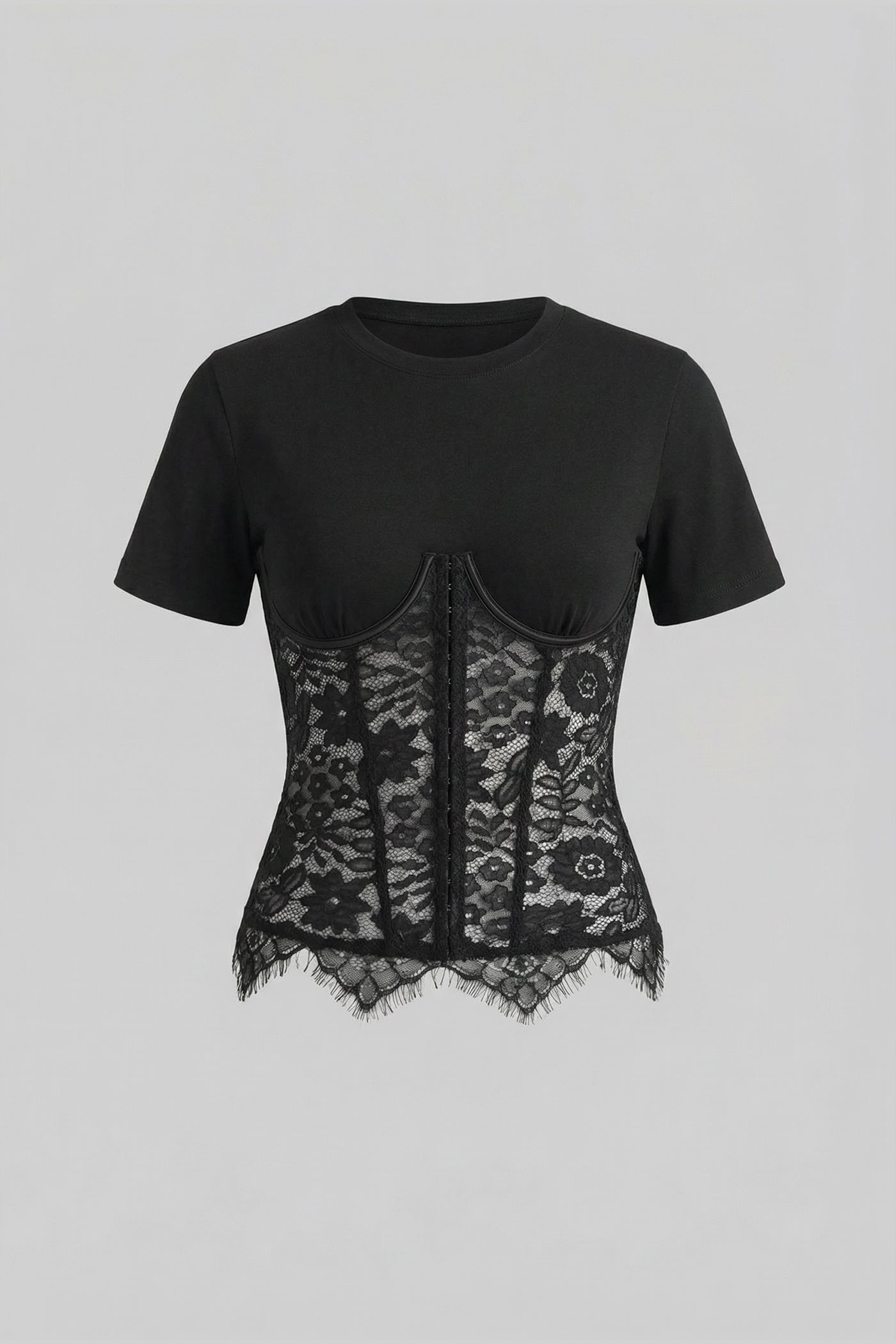 Top a Maniche Corte con Sovrapposizione Corsetto in Pizzo - Nero 