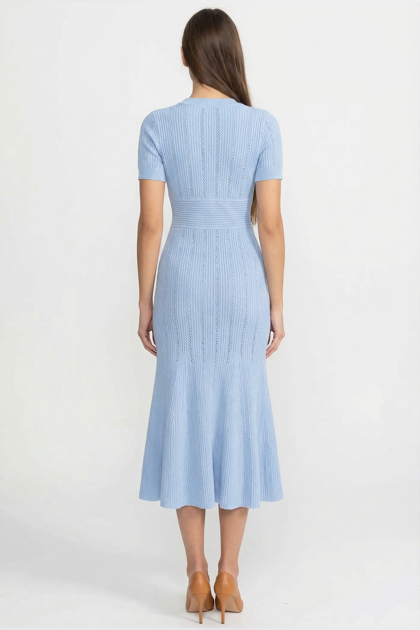 Abito midi a maniche corte a coste con scollo a V e bottoni dorati - Blue 