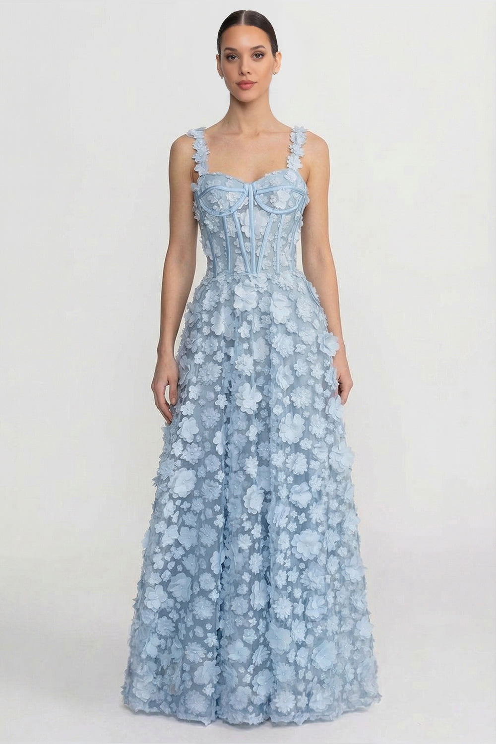 Abito Maxi con Applicazioni Floreali e Corpino con Corsetto - Blu 