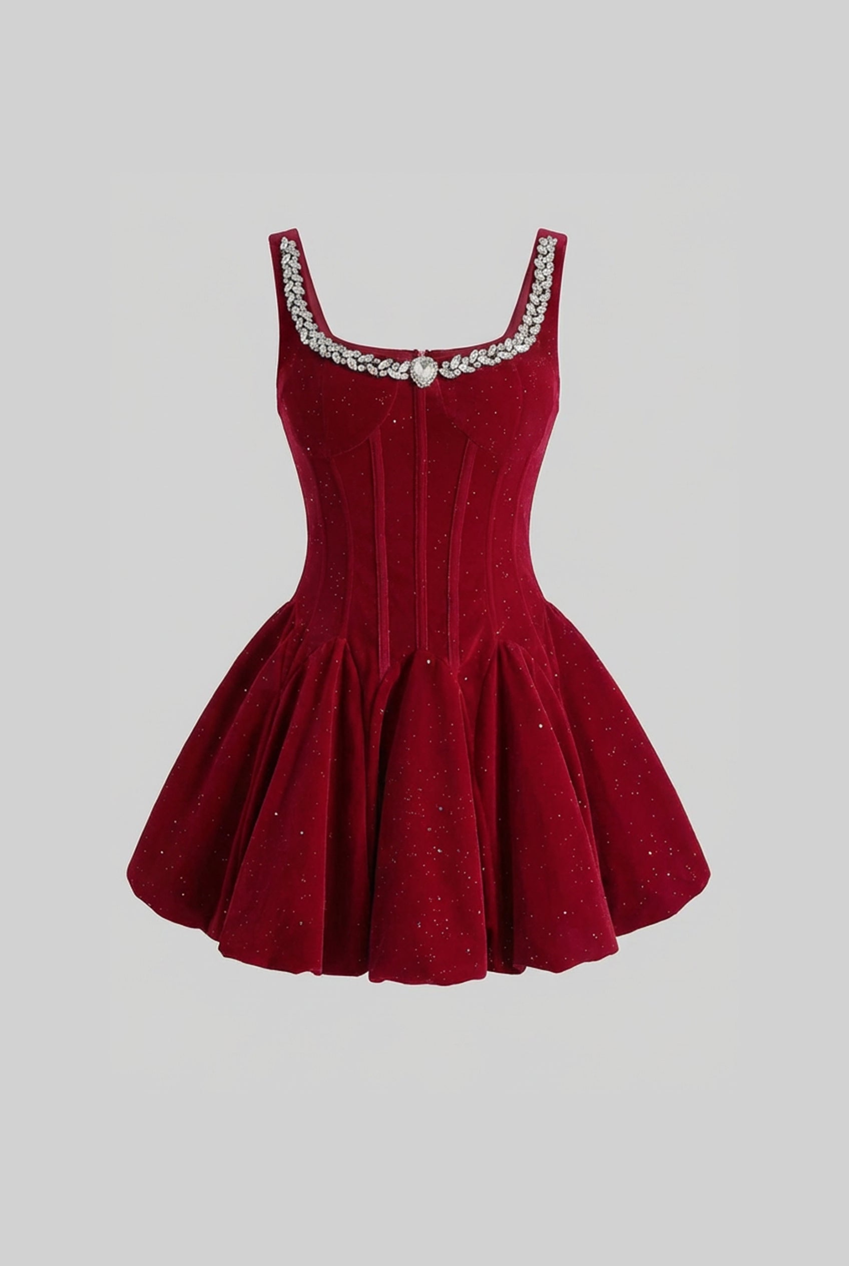 Velvet Corset Mini Dress with Crystal-Embellished Neckline – Burgundy