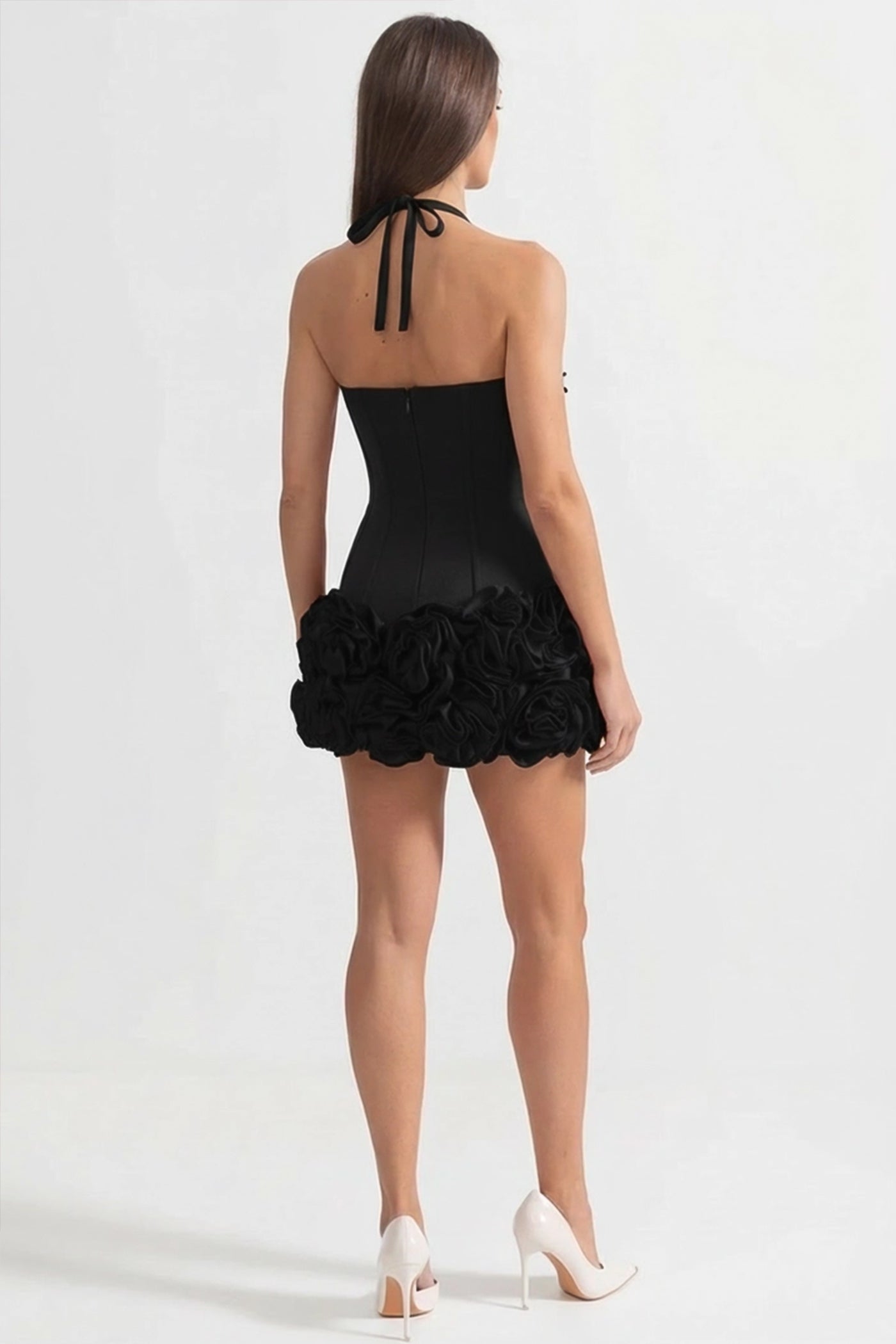 Mini abito a corsetto con orlo floreale scolpito – Nero 