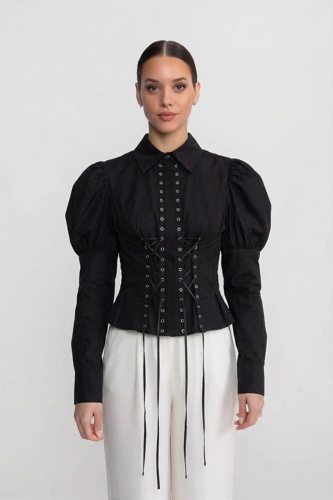 Camicia a Maniche Lunghe con Dettaglio Corsetto allacciato - Nero 