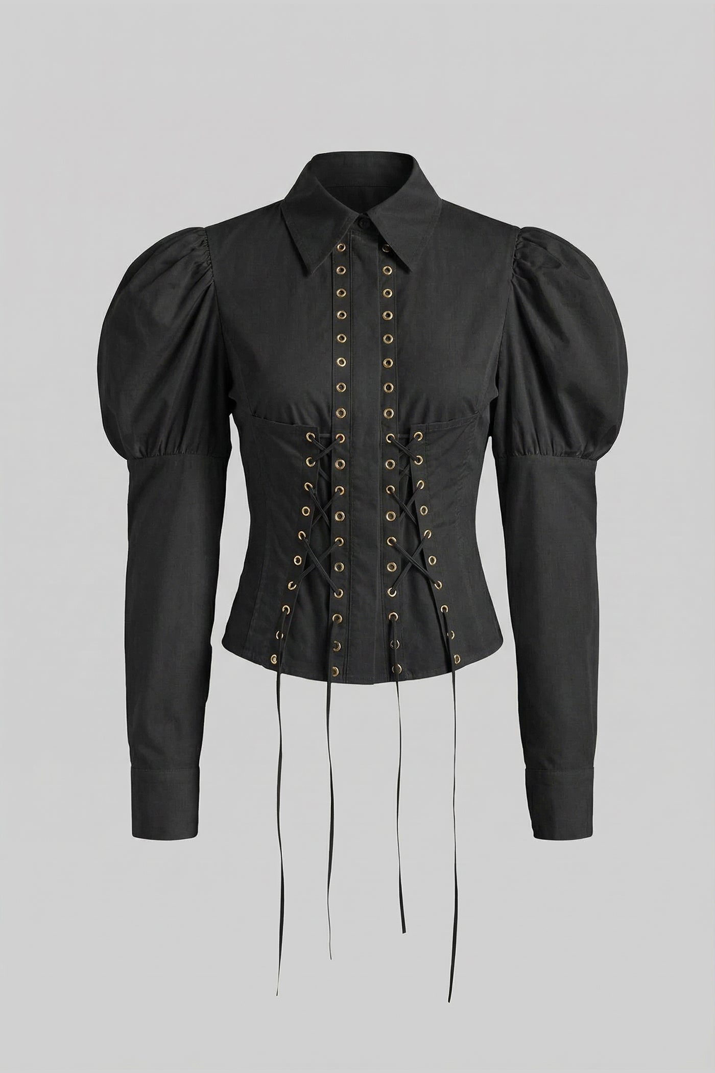 Camicia a Maniche Lunghe con Dettaglio Corsetto allacciato - Nero 
