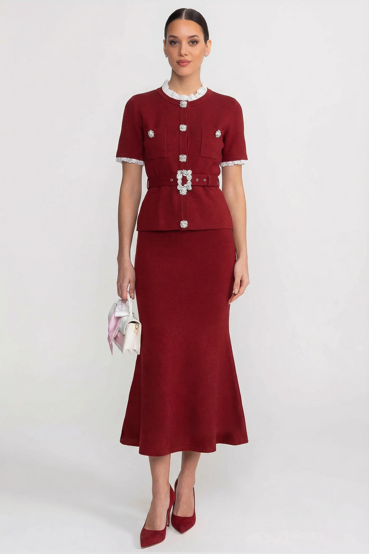 Short Sleeve Co-Ord With Peplum Waist And Crystal Button Belt - Burgundy