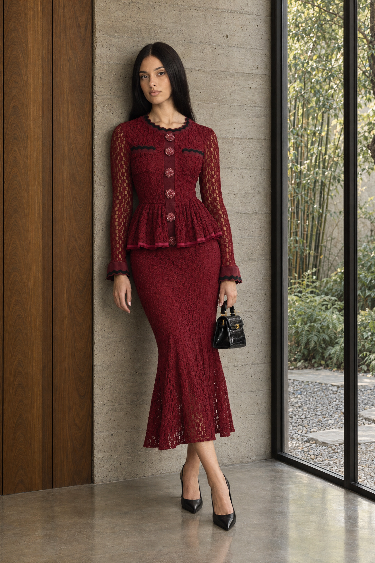 Abito midi in maglia crochet con peplo e finiture ric-rac - Wine 