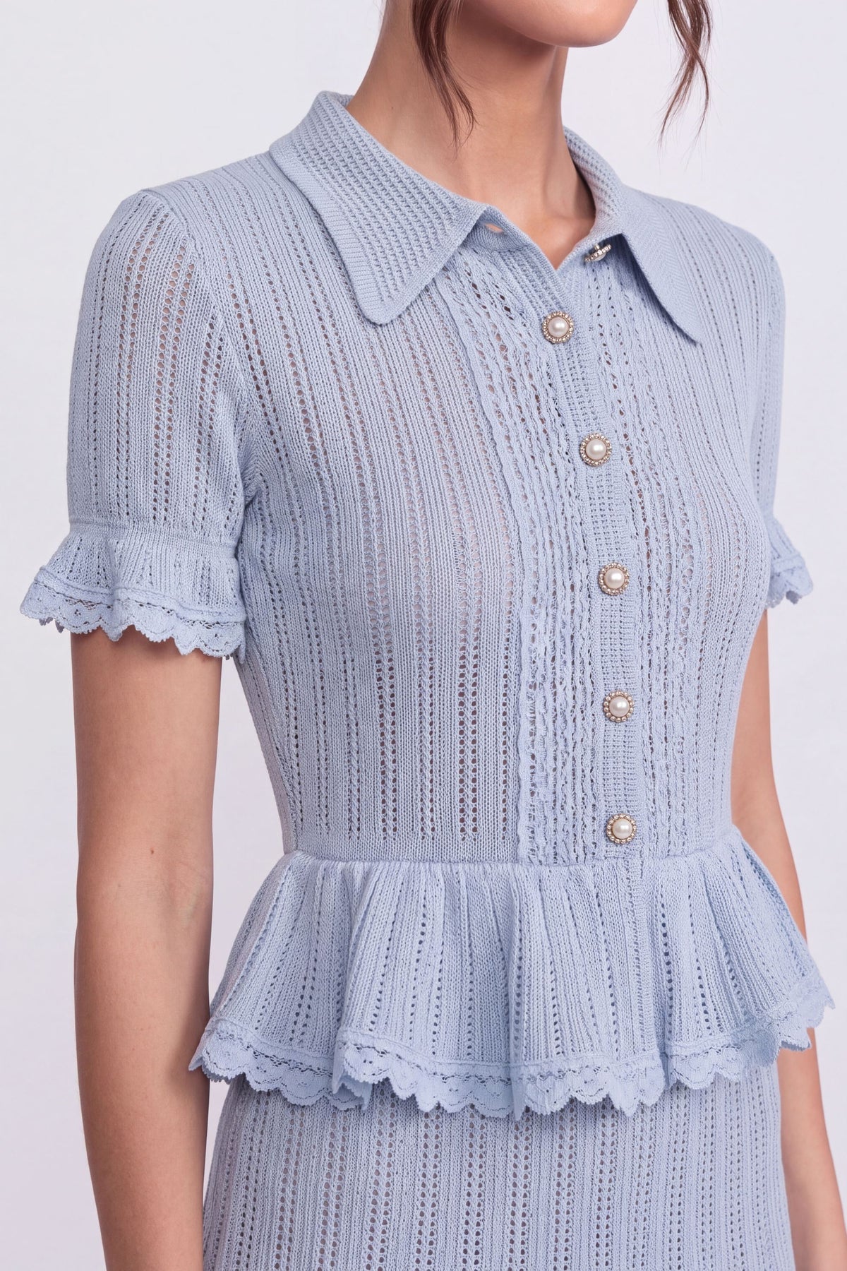 Set con top a polo con bottoni e minigonna - Blu 