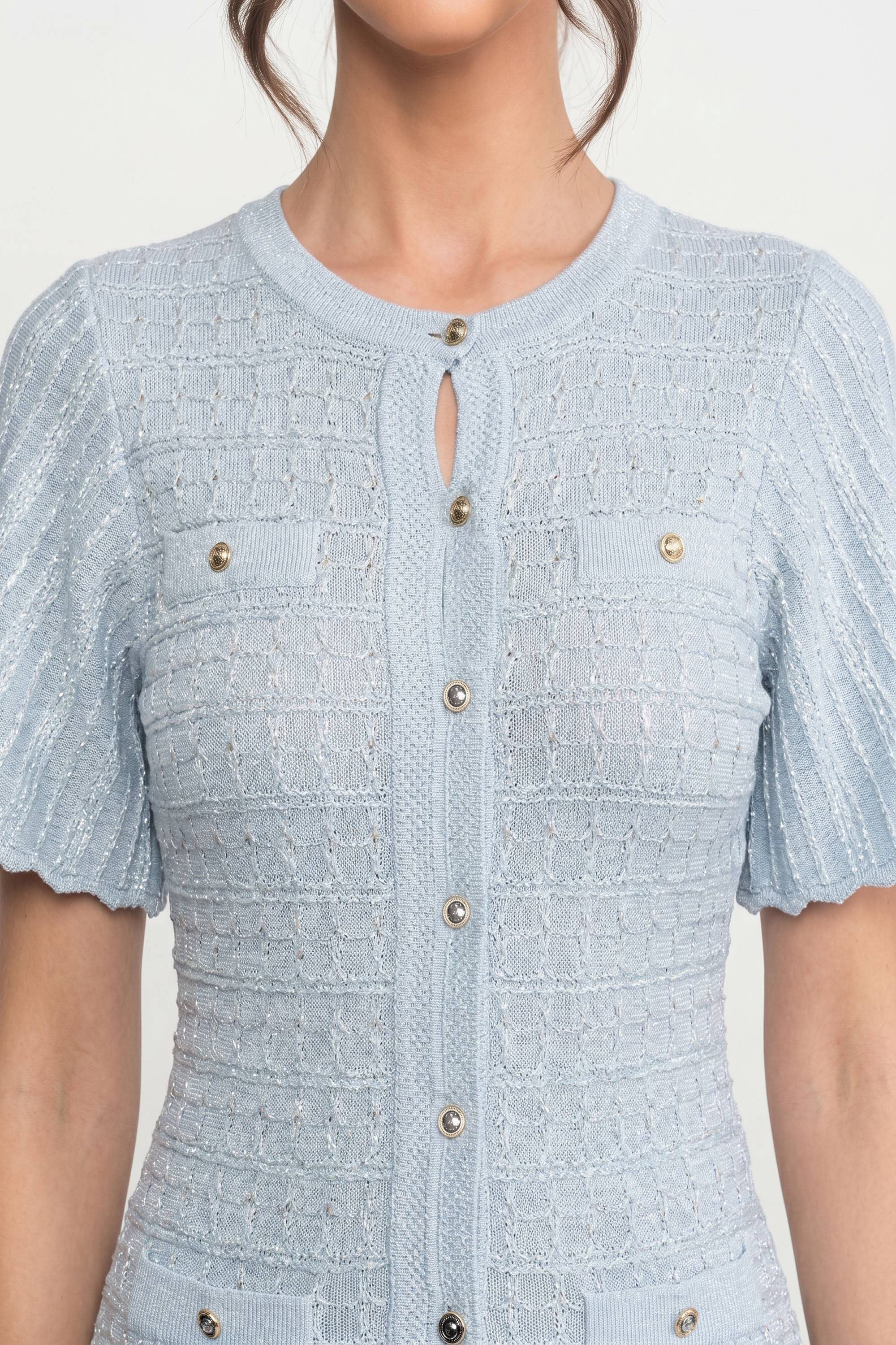 Abito Midi a Maniche Corte con Texture in Maglia Lucida - Light Blue 