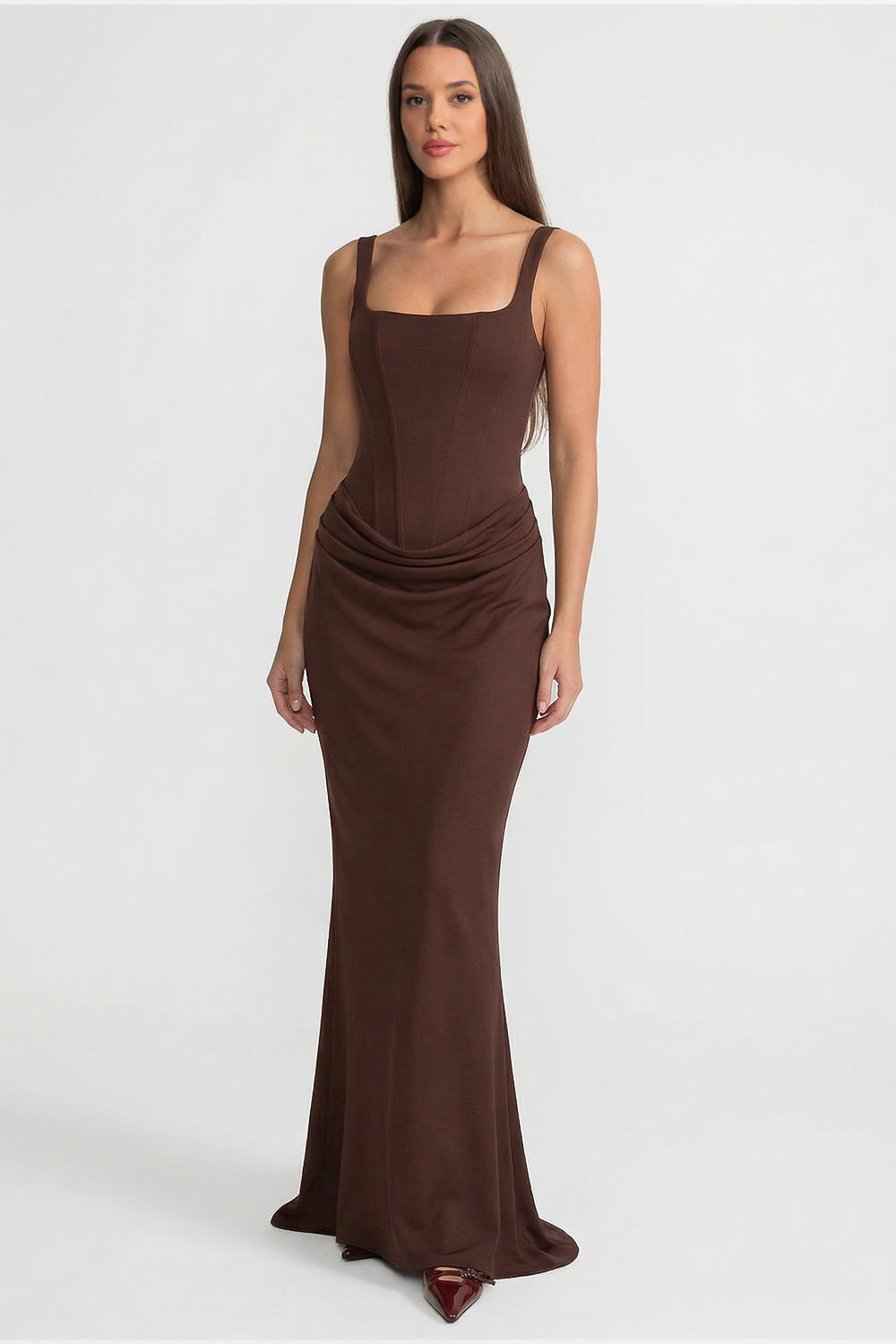 Corset Maxi Dress with Draped Hip Detail – Chocolate Brown