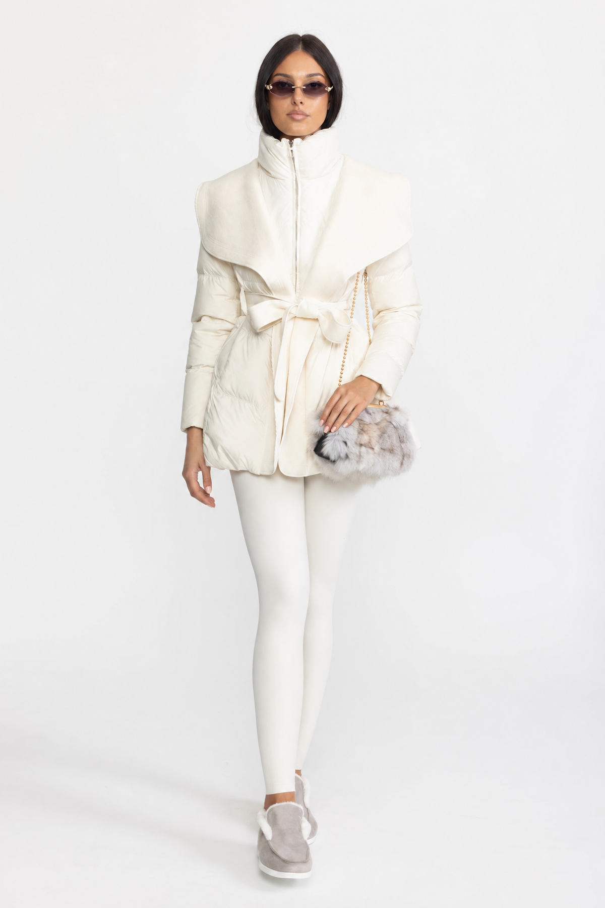 Draped Collar Belted Down Jacket - Ivoire