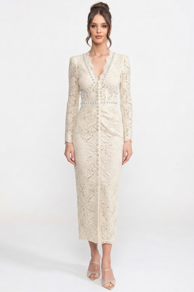 Abito midi in pizzo con scollo a V impreziosito da cristalli e dettaglio frontrale drappeggiato - Bianco 