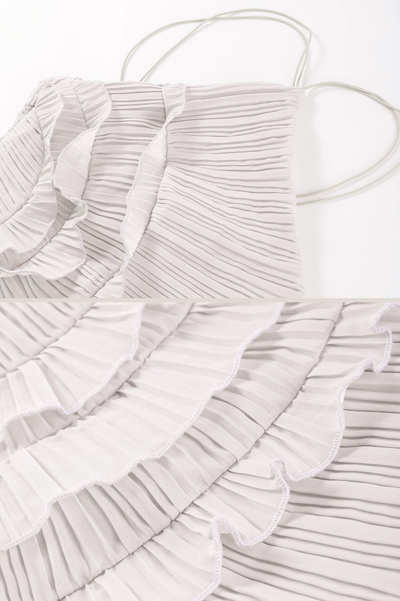 Abito midi plissettato con scollo all'americana e dettagli di volant cascanti - Bianco 