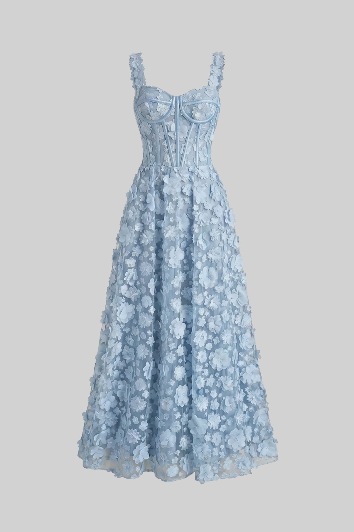 Abito Maxi con Applicazioni Floreali e Corpino con Corsetto - Blu 