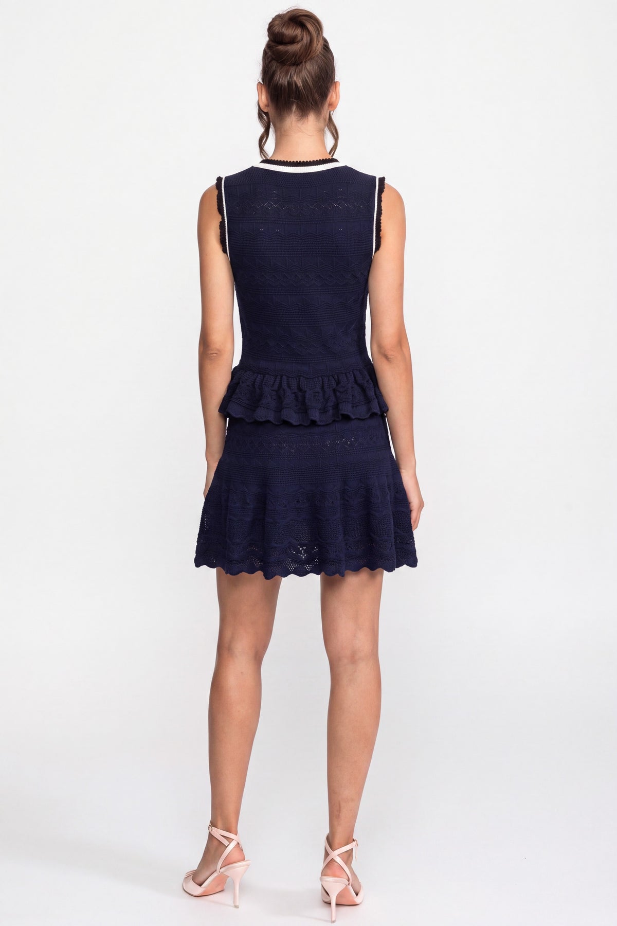 Abito Mini in Maglia Peplum con Profilo a Contrasto e Fiocco - Navy 