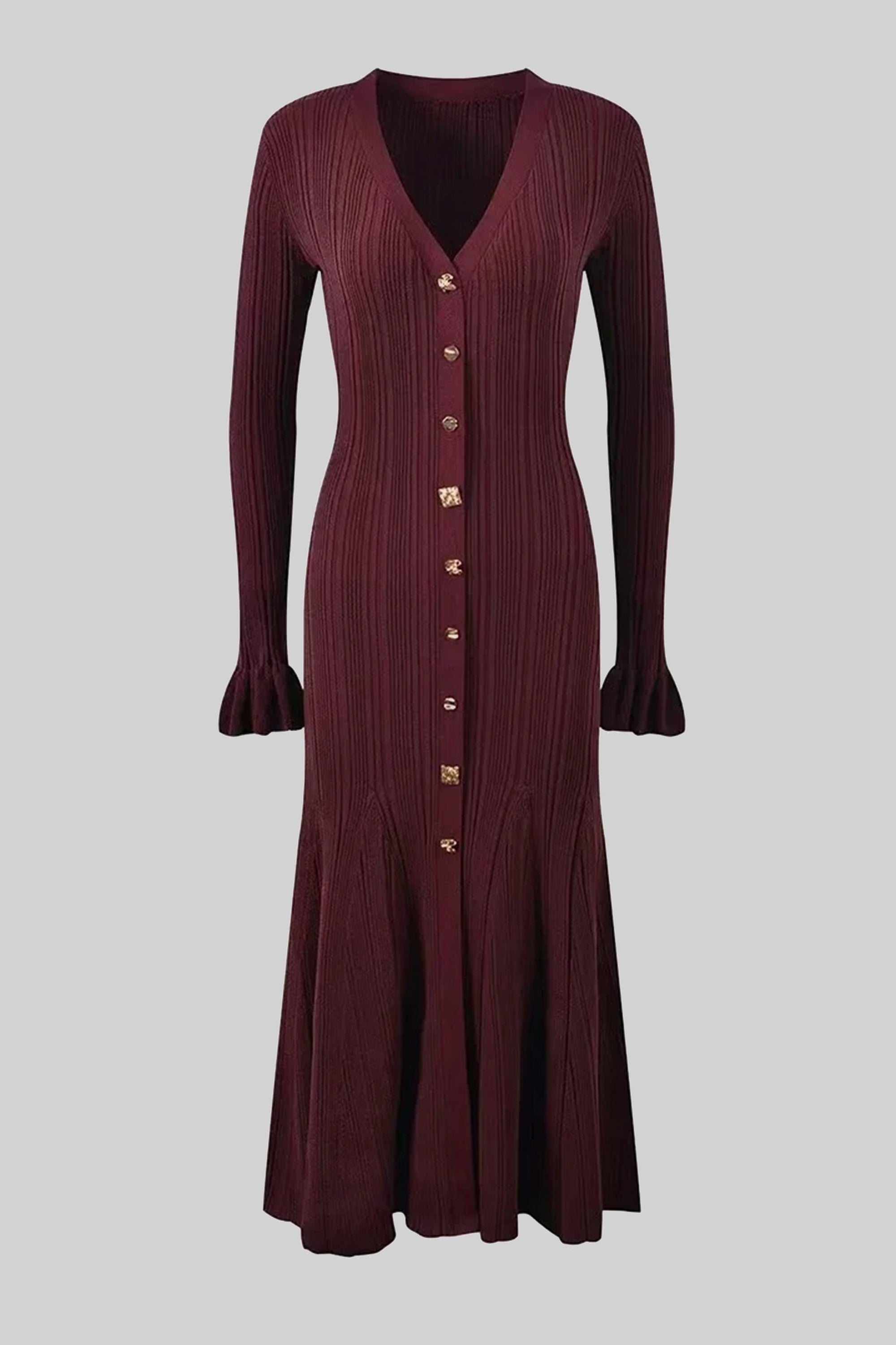 Abito maxi in maglia a costine con scollo a V, bottoni frontali e polsini con volant - Burgundy 
