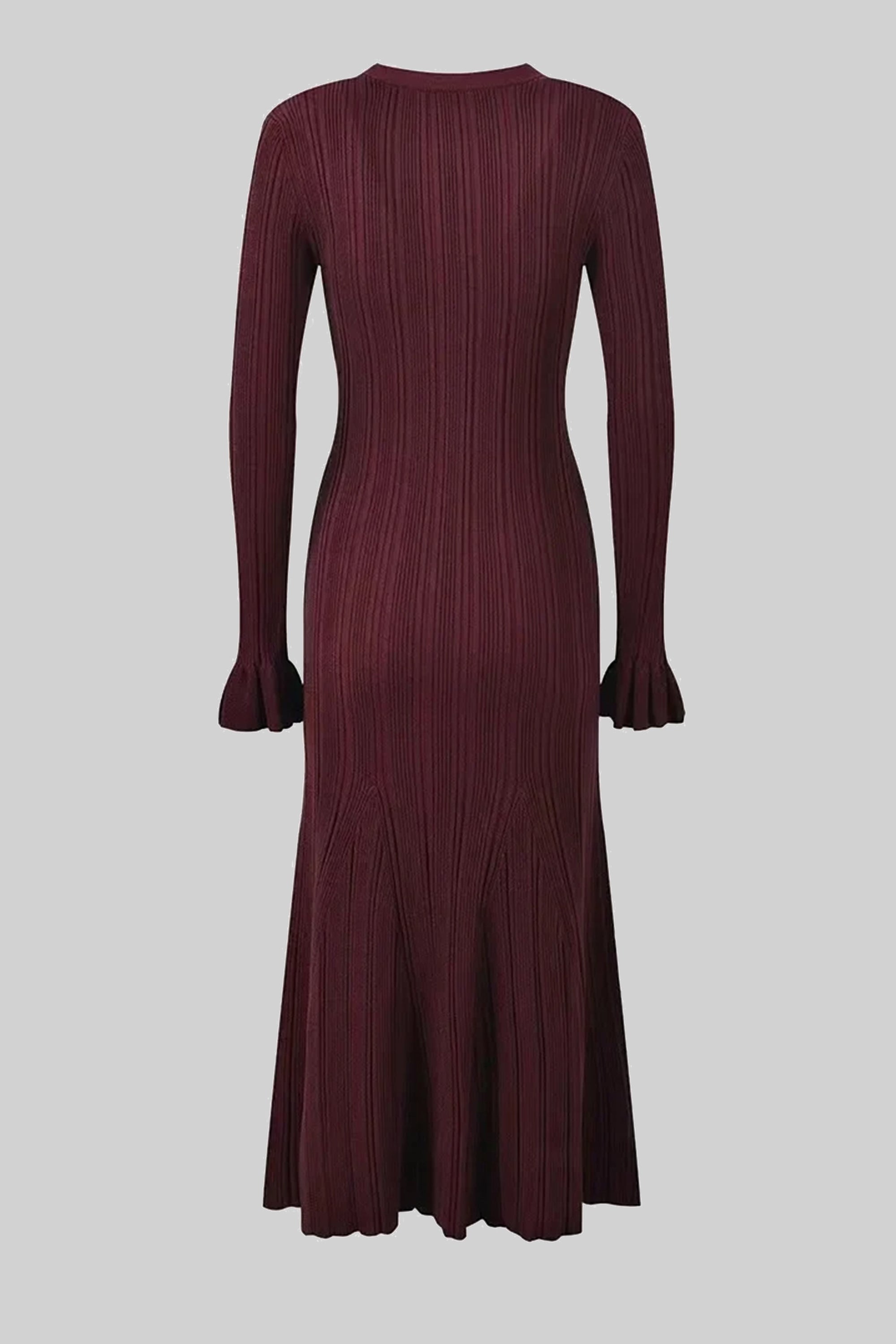 Abito maxi in maglia a costine con scollo a V, bottoni frontali e polsini con volant - Burgundy 