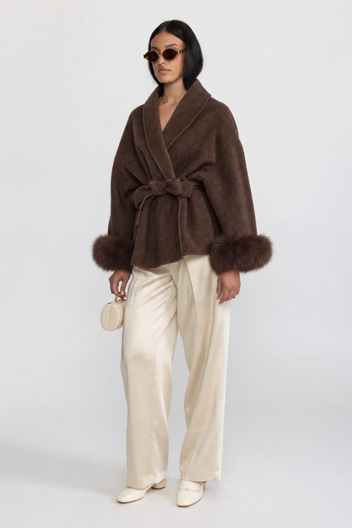 Wool Blend Wrap Jacket with Fox Fur Cuffs - Brown
