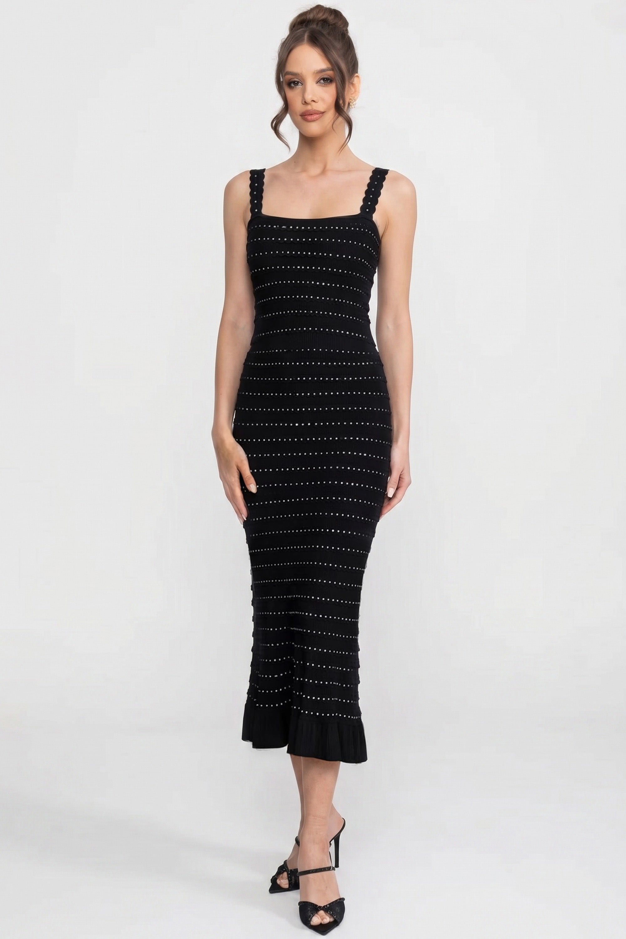 Completo Coordinato in Maglia con Texture a Righe Pointelle e Decorazioni Scintillanti - Nero 
