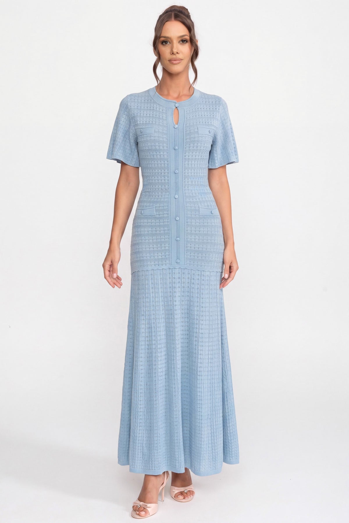 Short Sleeve Midi Dress With Shimmer Knit Texture - Light Blue