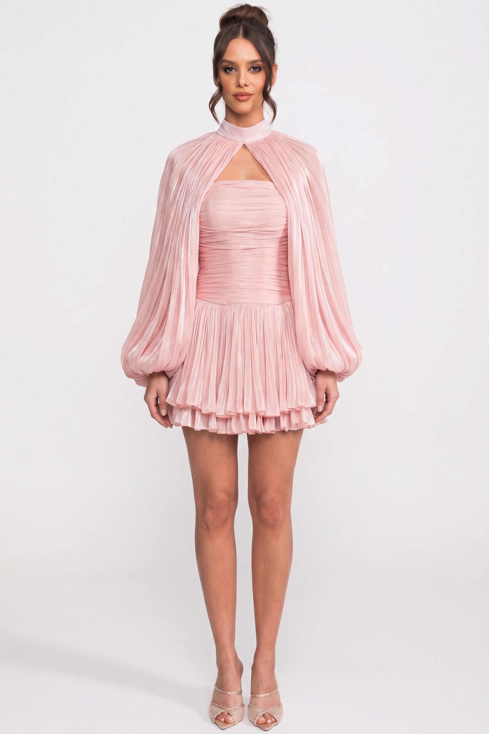 Abito mini con collo alto e maniche a palloncino con gonna plissettata - Rosa 