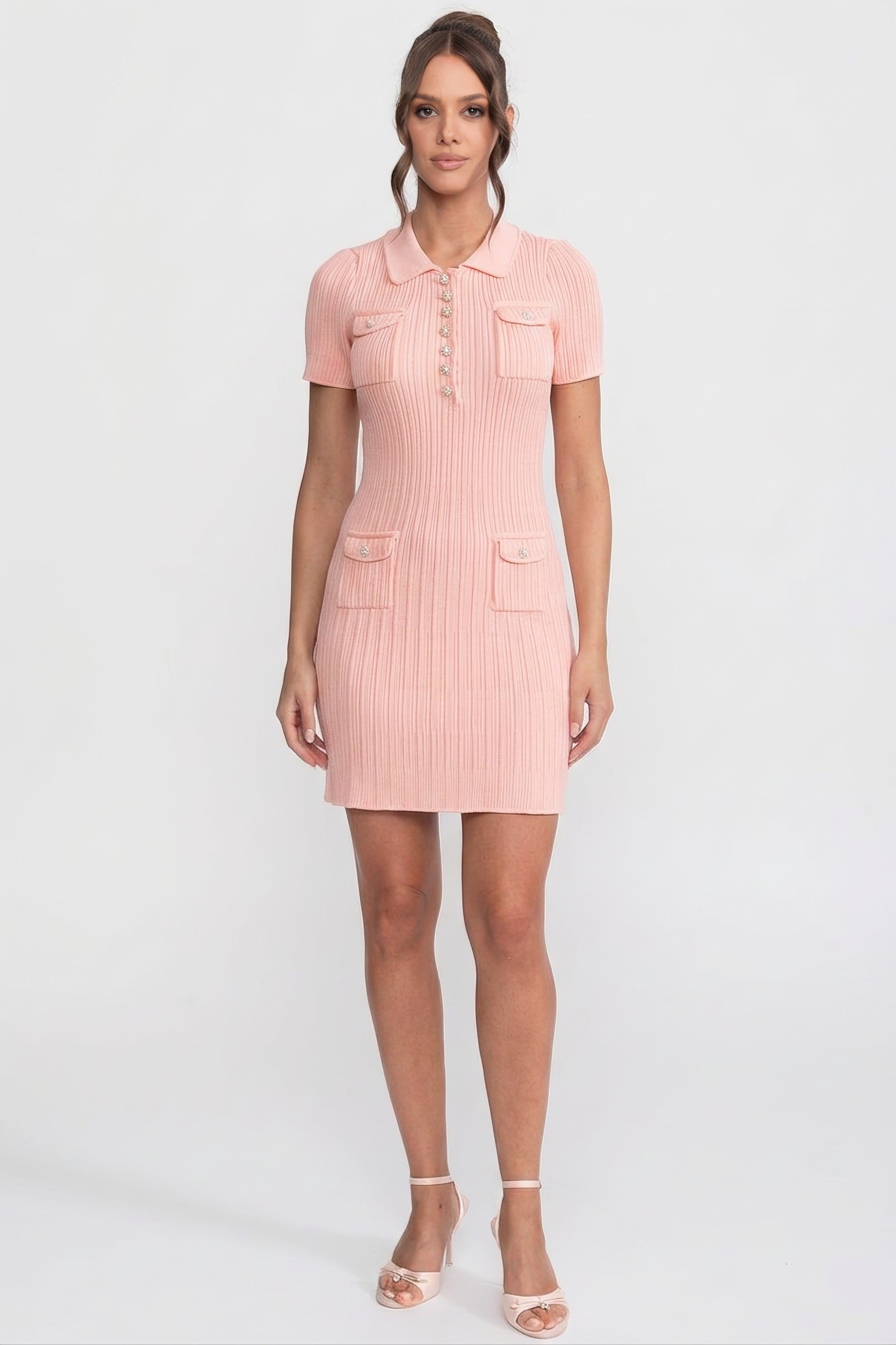 Ribbed Knit Button-Front Mini Dress - Peach