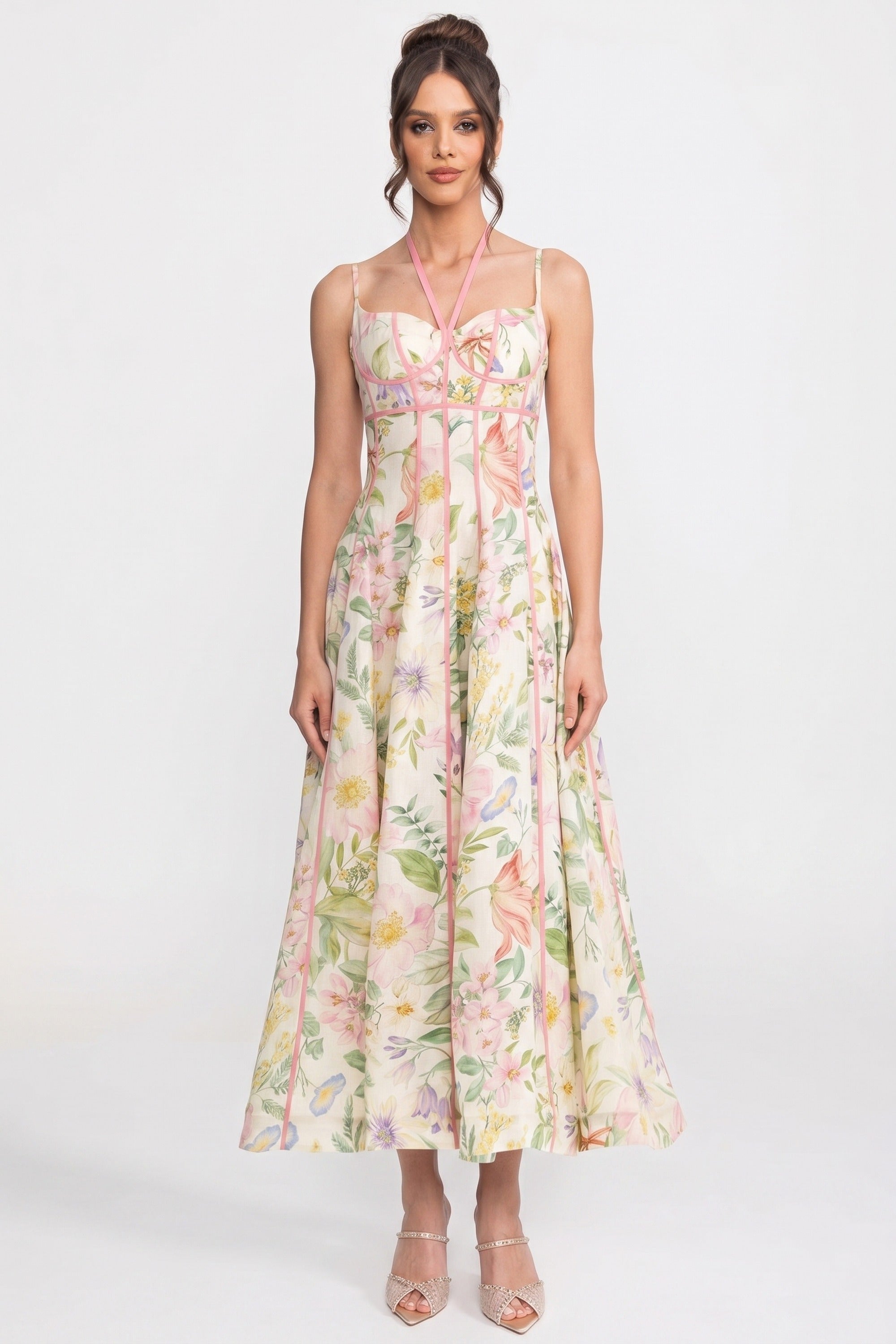 Abito Midi Corsetto Sweetheart Con Stampa Floreale E Profilo In Nastro Rosa - Multicolore 