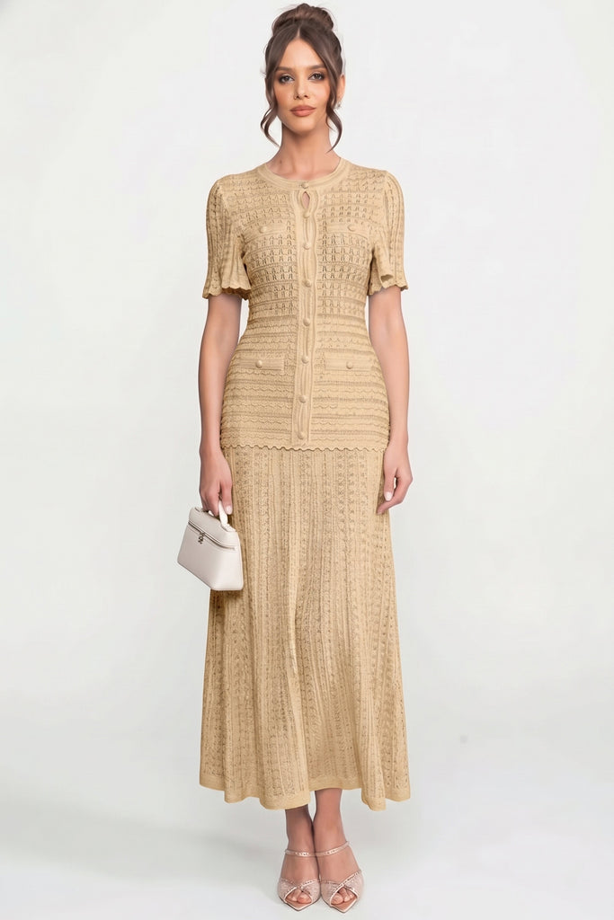Abito midi a maniche corte con texture in maglia shimmer - Beige 