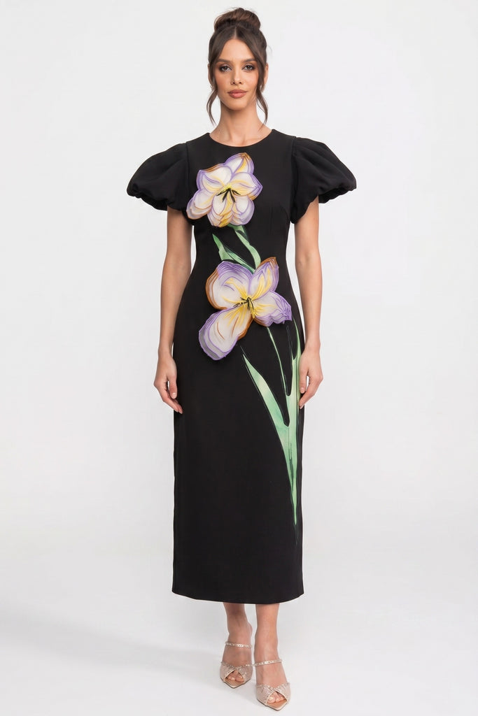 Abito Maxi Strutturato con Spalle Definite e Applicazione Floreale Iris 3D - Nero 