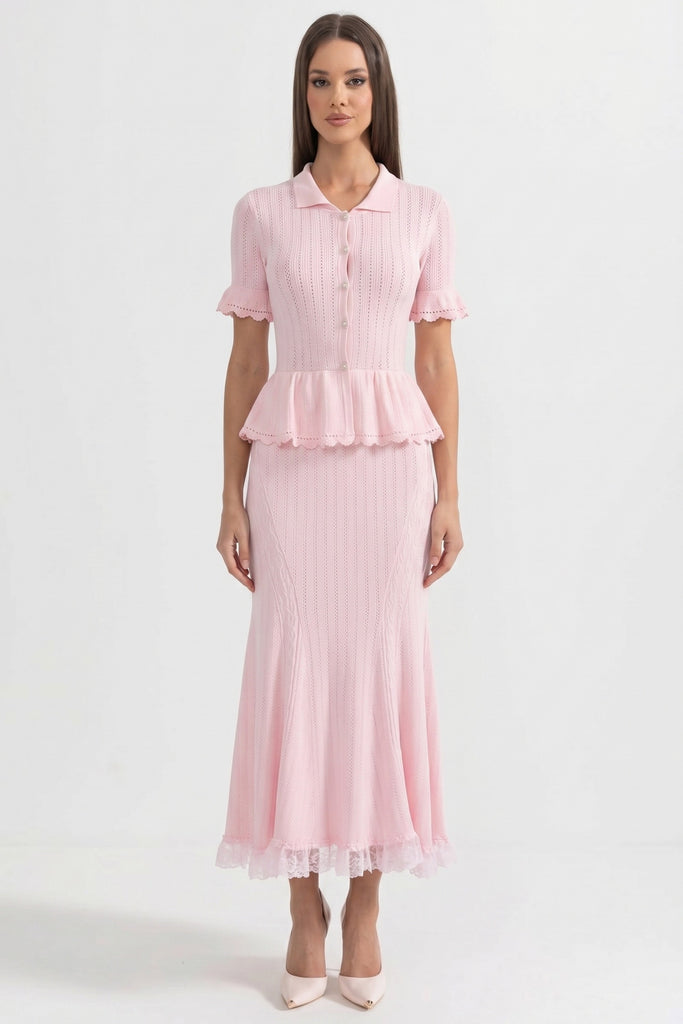 Abito Maxi Knit Peplum con Collo Peter Pan e Orlo in Pizzo - Rosa 