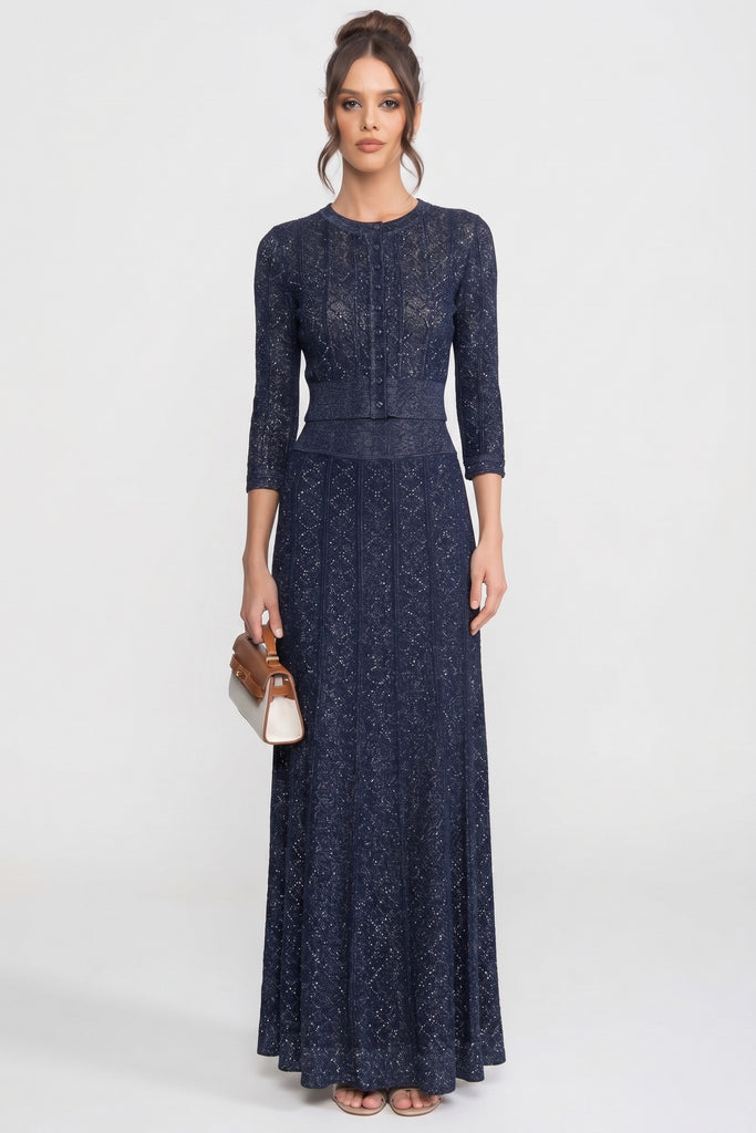 Coordinato in pizzo con motivo a ромbi, maniche lunghe e gonna maxi - Navy 