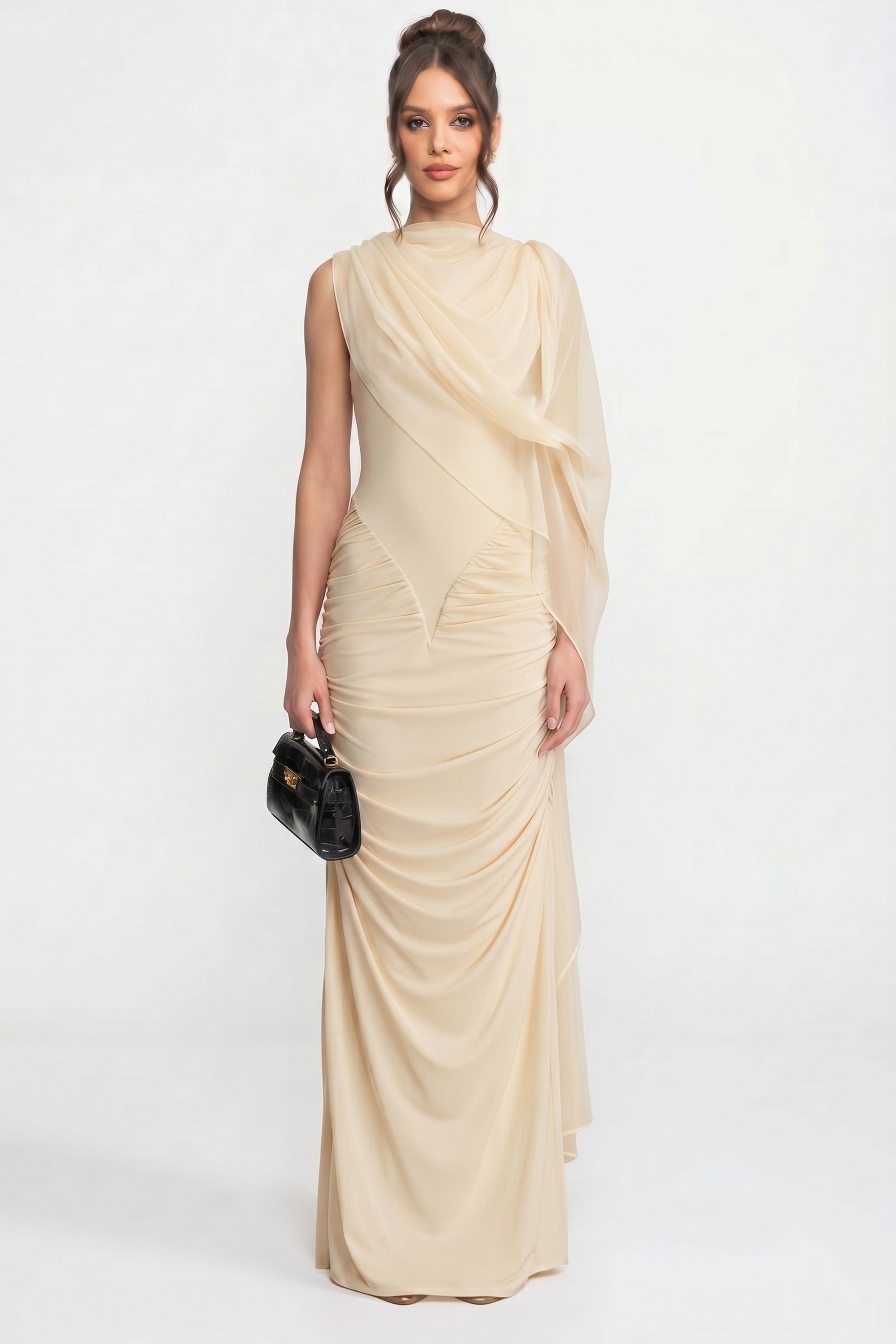 Abito maxi drappeggiato monospalla con dettaglio foulard trasparente - Giallo 