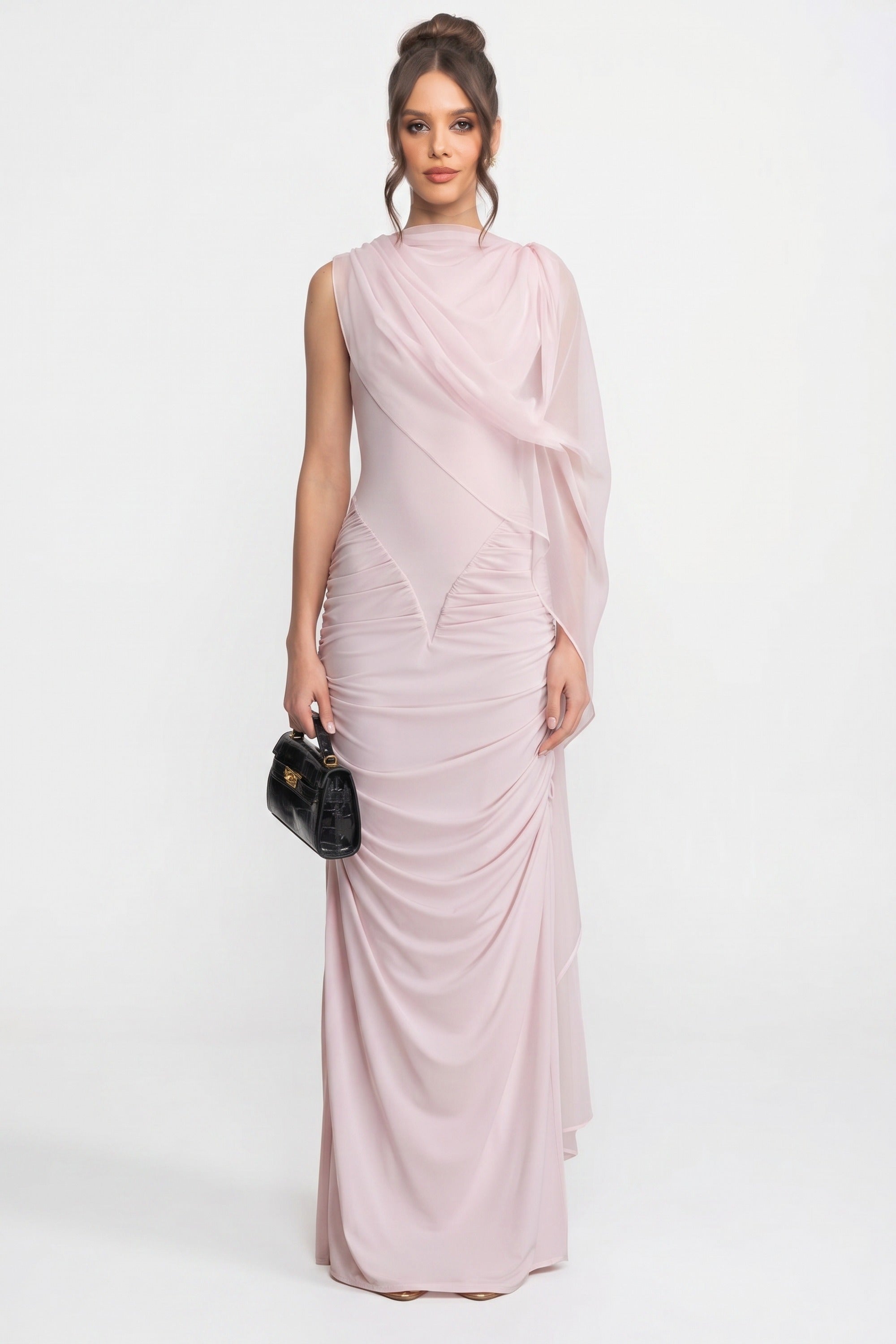 Abito Maxi Drappeggiato Monospalla con Dettaglio Sciarpa Trasparente - Rosa 