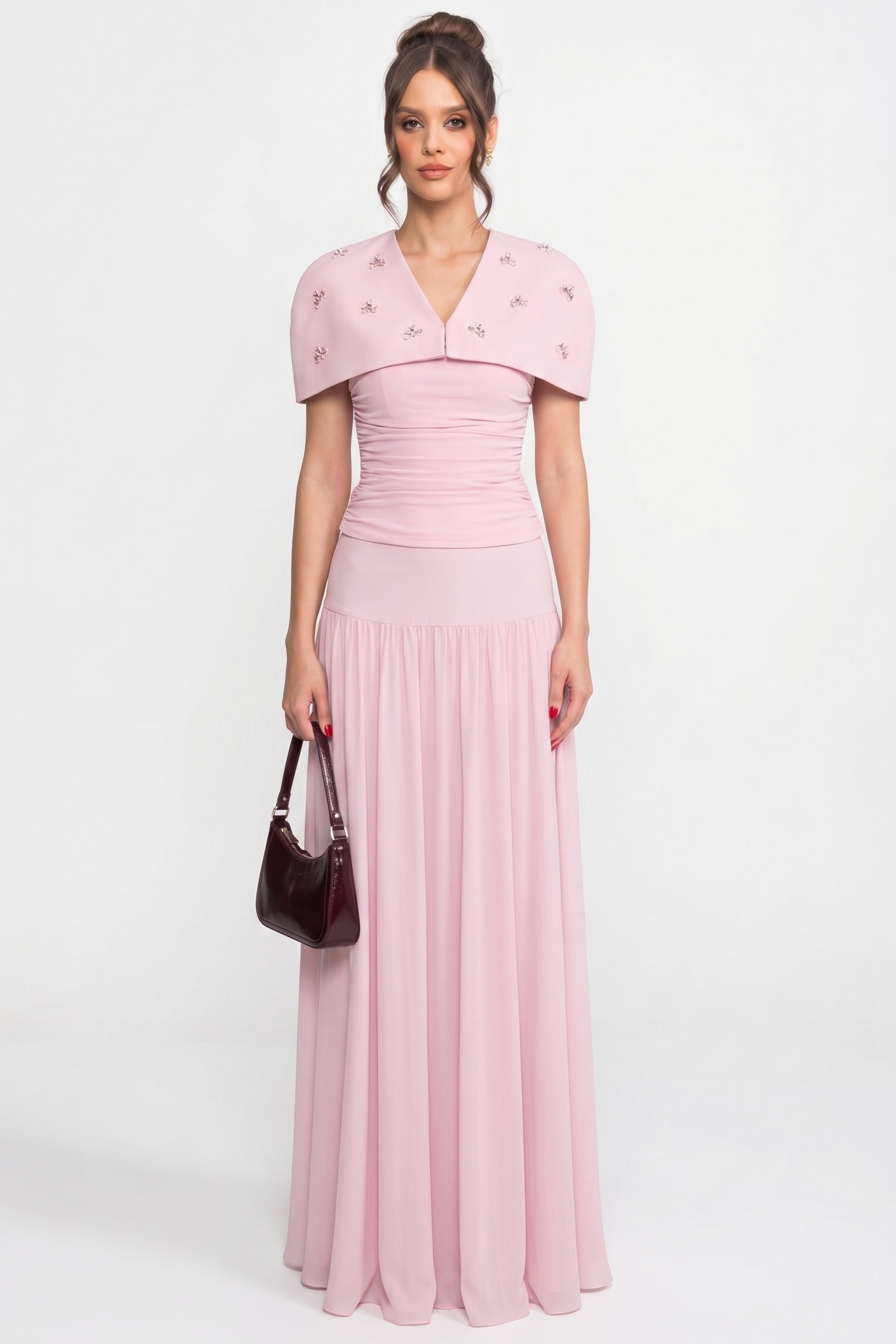 Set coordinato in 3 pezzi con top arricciato, mantella removibile e gonna maxi - Pink 