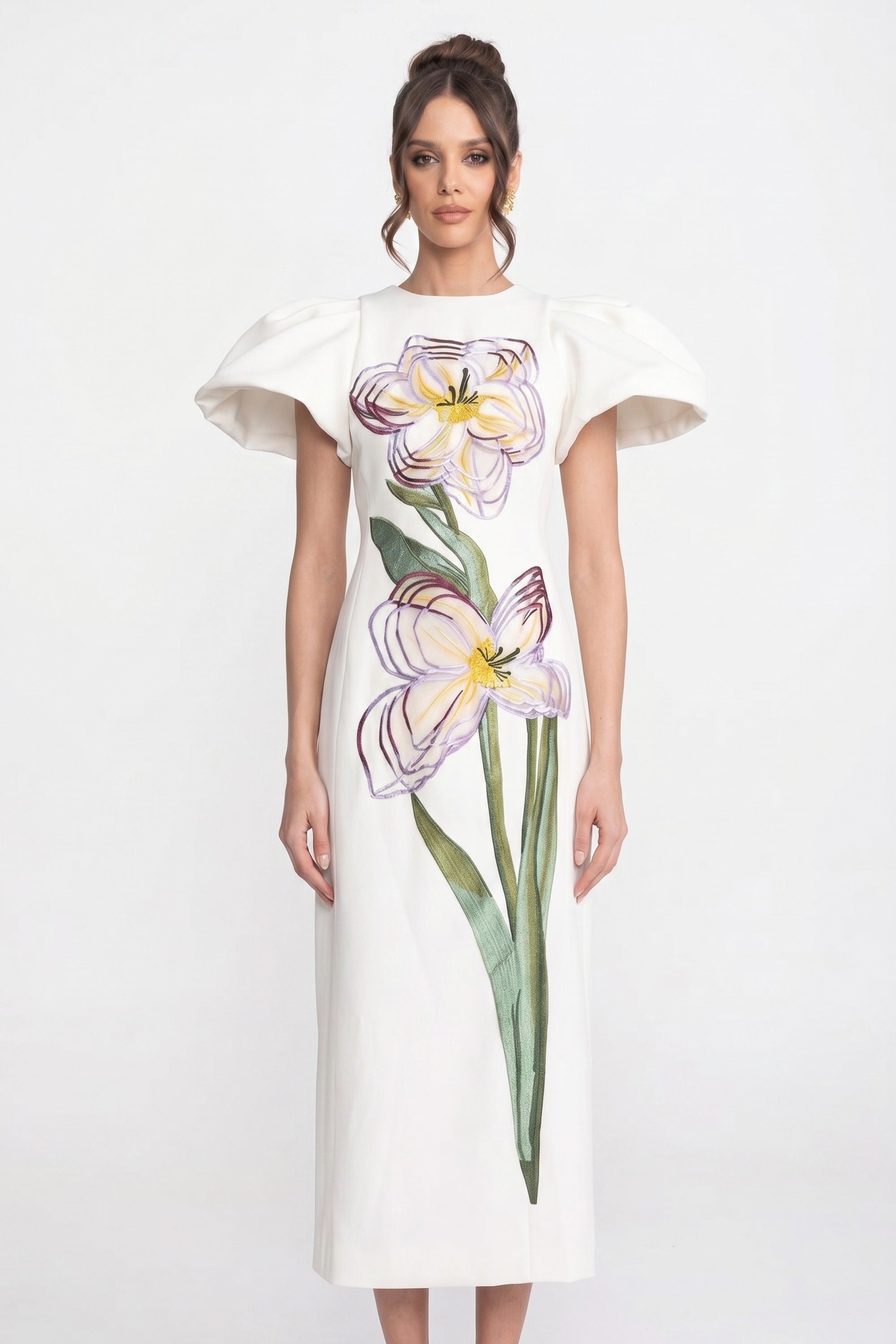 Abito Maxi Strutturato con Spalle e Applique Floreale Iris 3D - Bianco 