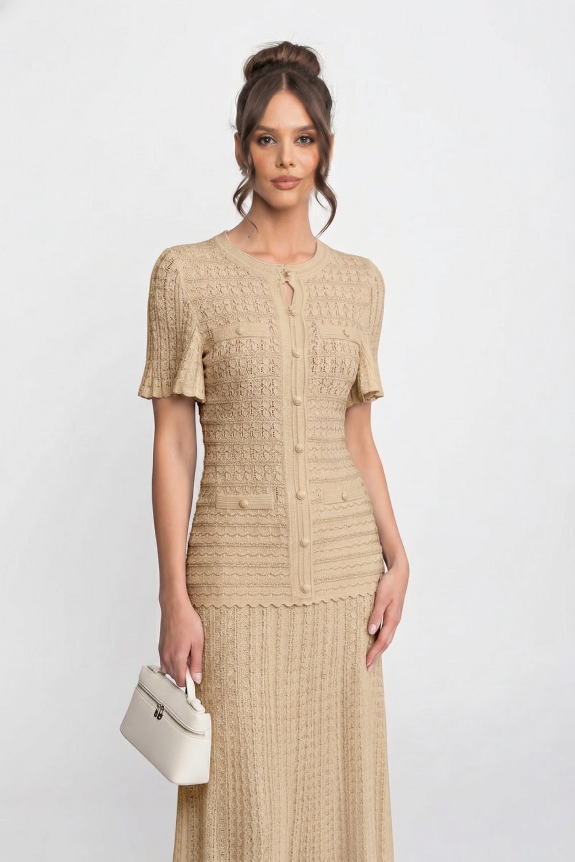 Abito midi a maniche corte con texture in maglia shimmer - Beige 
