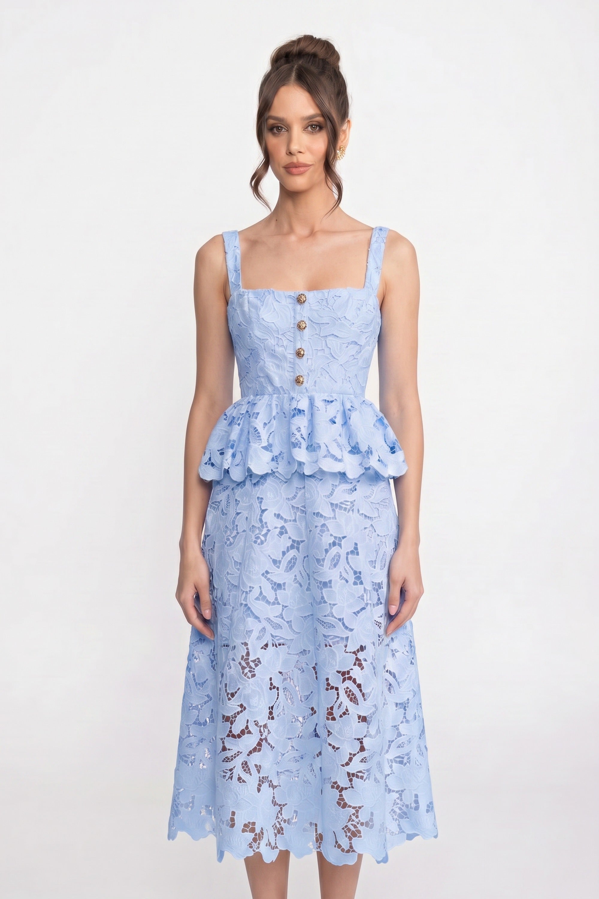 Sleeveless Lace Peplum Dress With Midi Skirt And Golden Buttons - Blue