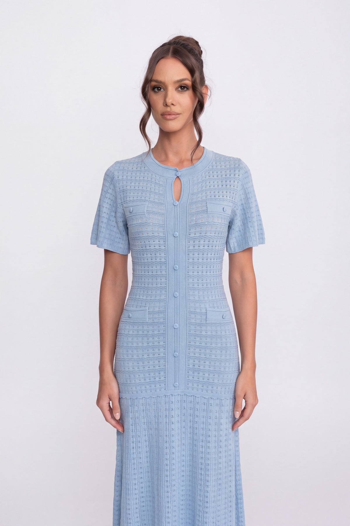 Abito Midi a Maniche Corte con Texture in Maglia Lucida - Light Blue 