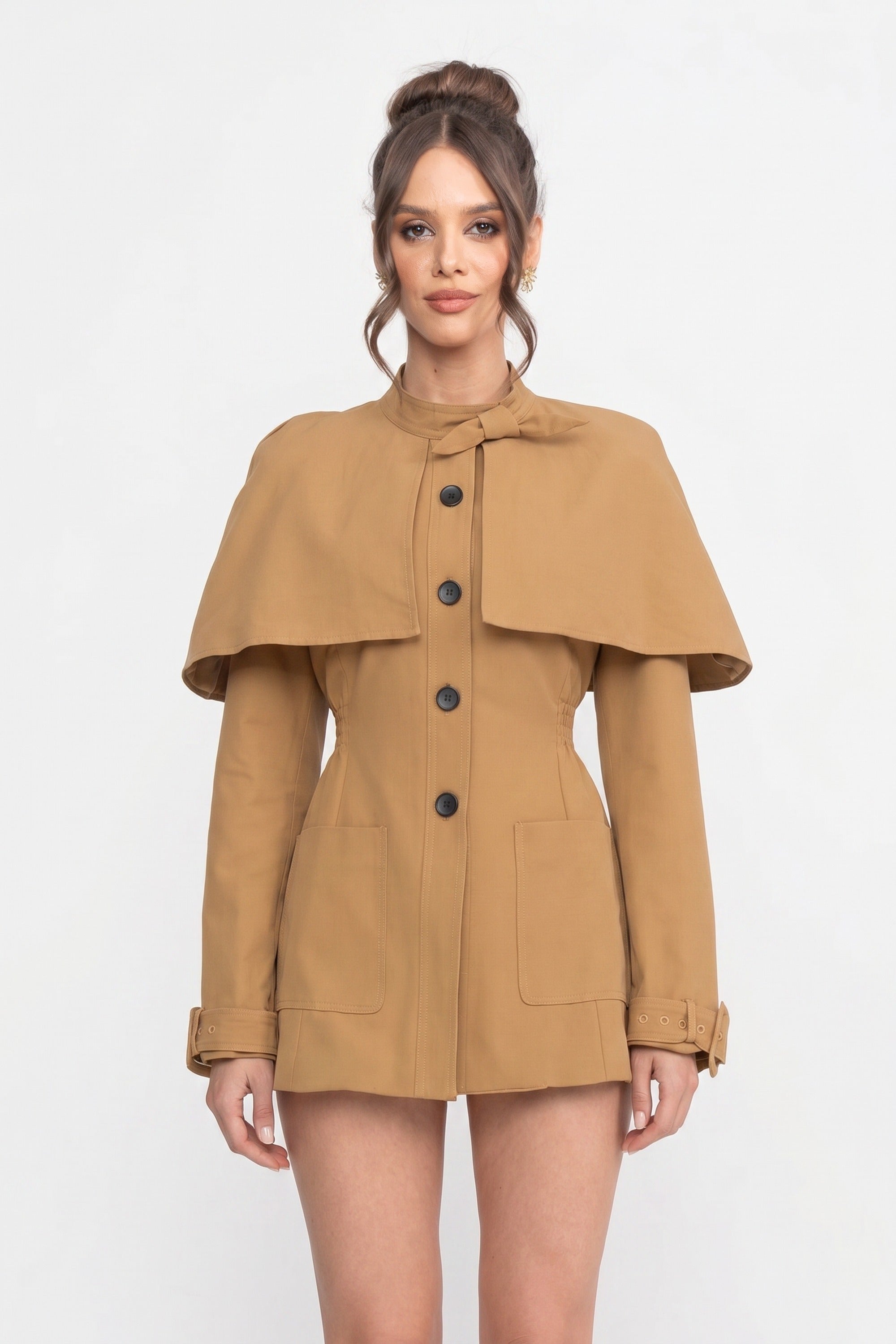 Button-Front Coat-Dress With Structured Cape Overlay - Khaki