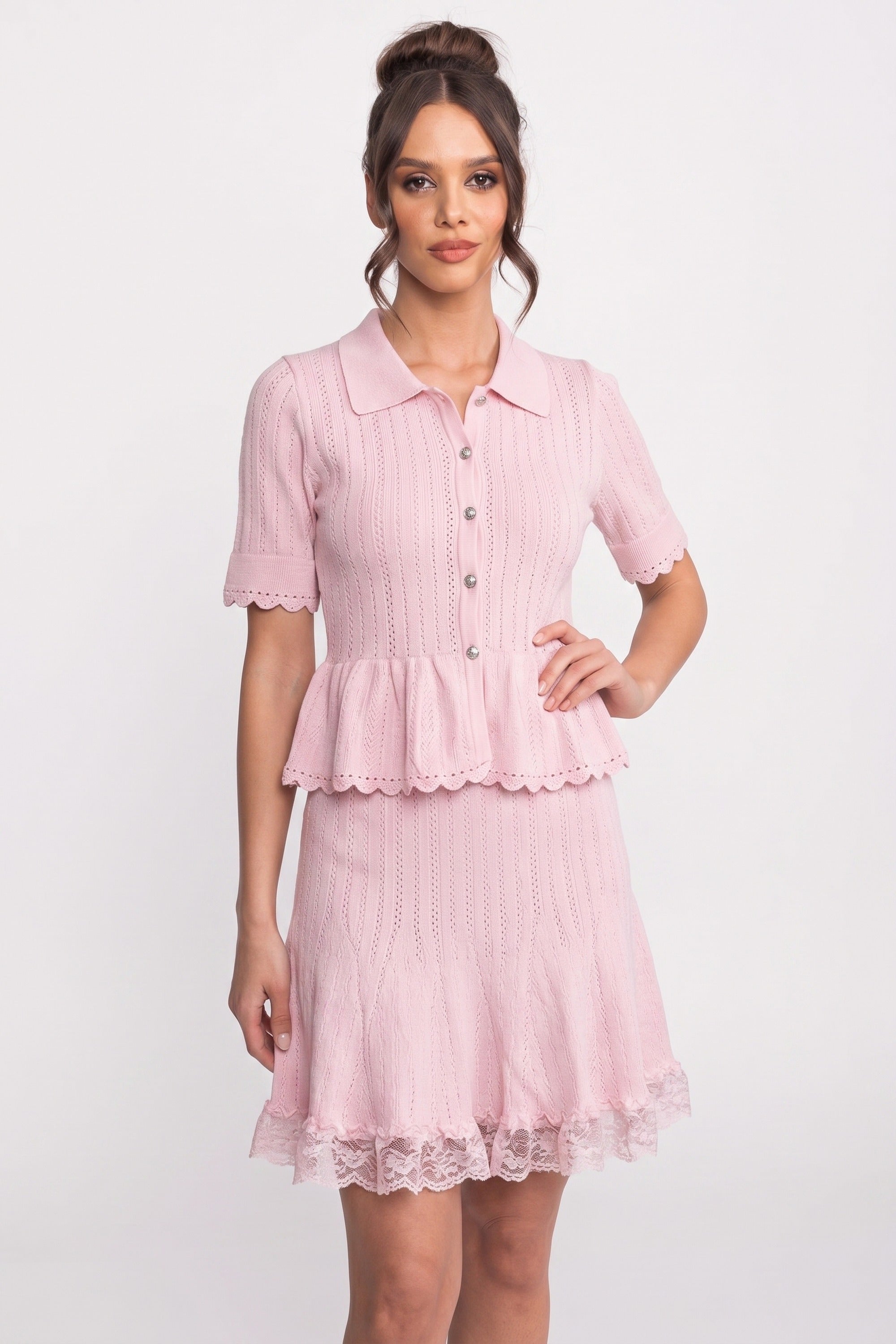 Polo-Collar Mini Dress With Button Top, Peplum Waist And Lace Hem - Pink