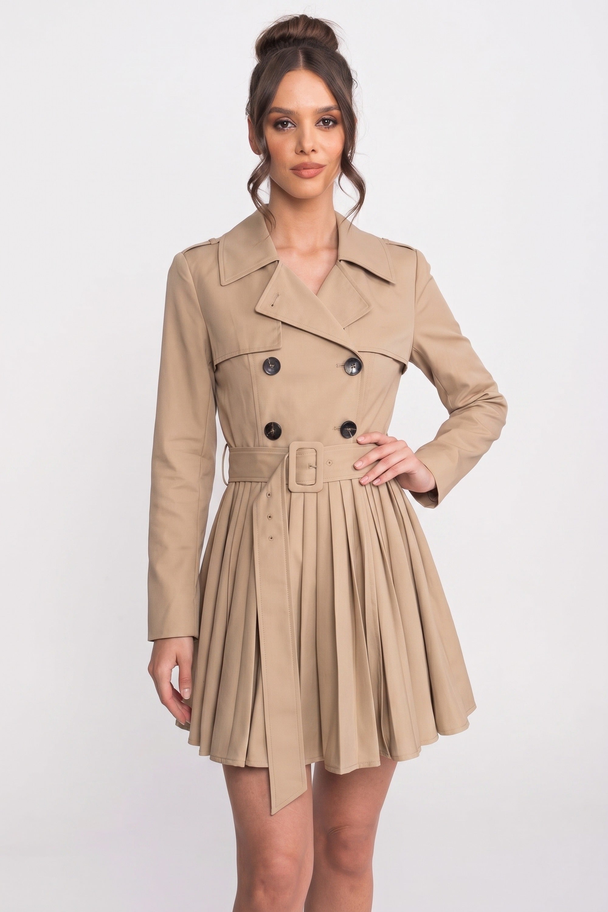 Trench coat doppiopetto con cintura e gonna plissettata - Khaki 