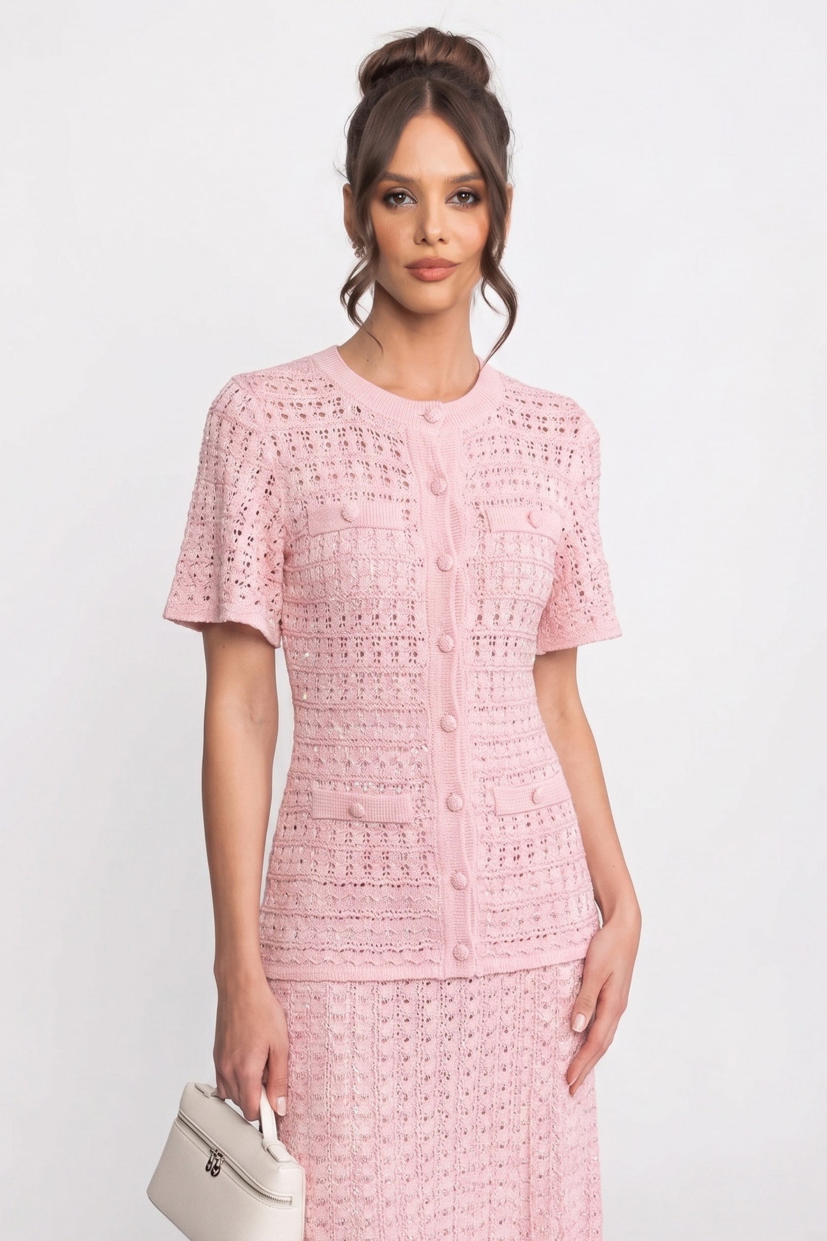 Abito midi a maniche corte con texture in maglia shimmer - Rosa 