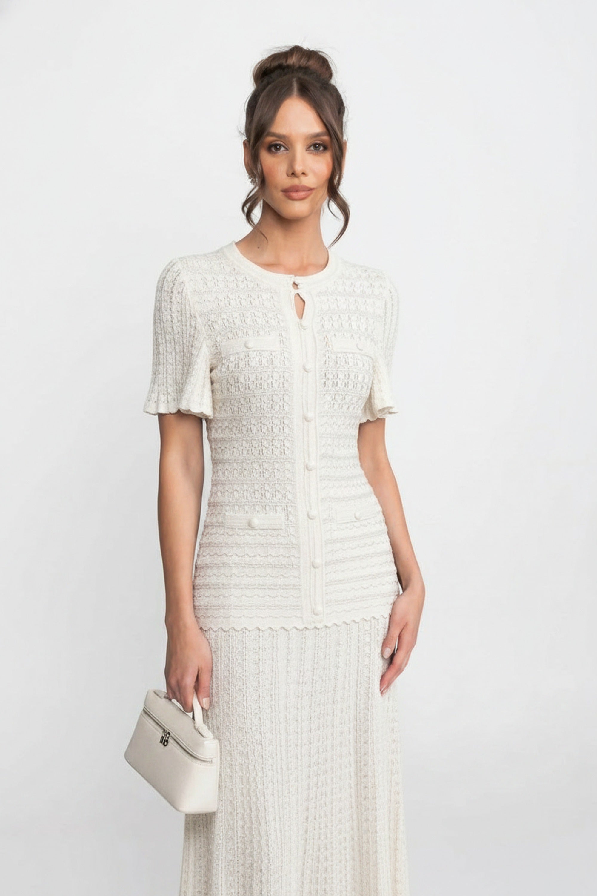 Abito midi a maniche corte con texture in maglia shimmer - bianco 