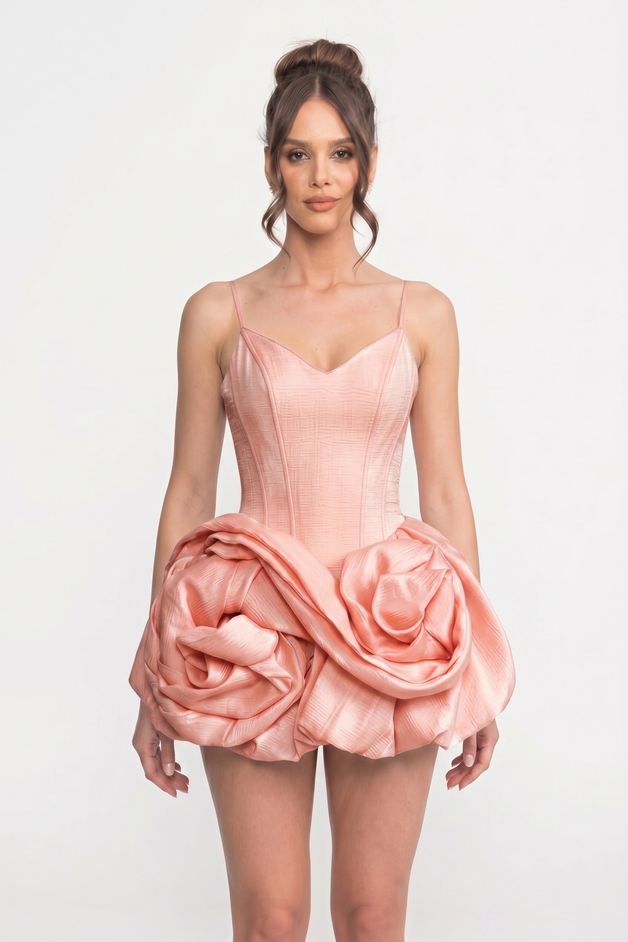 Minidress in velluto con spalline sottili e gonna con rose 3D - Rosa 
