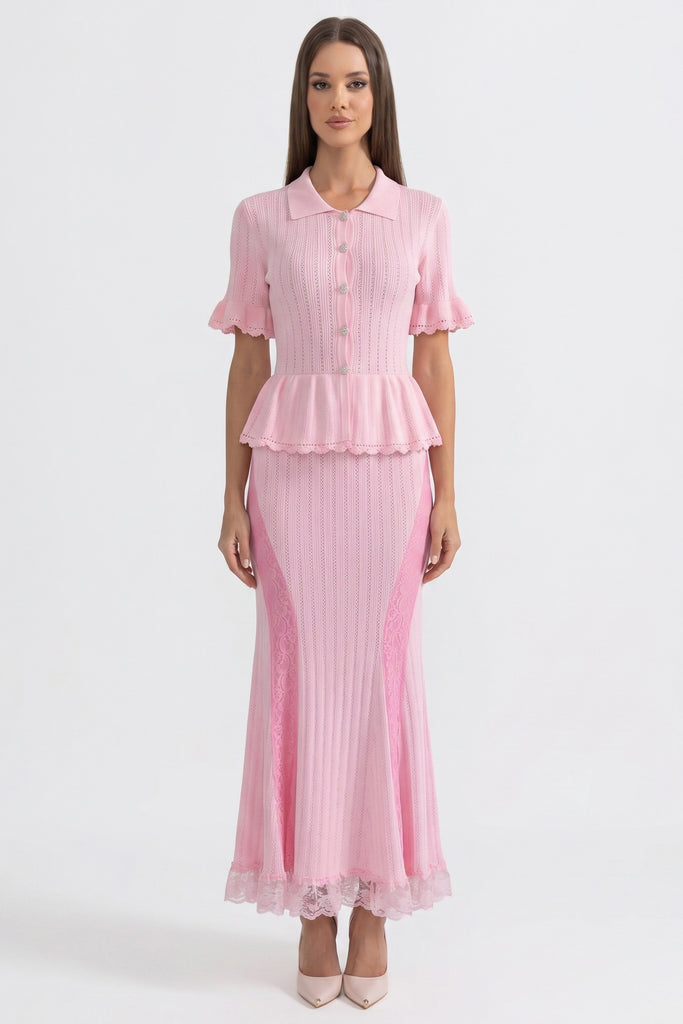 Abito Maxi Knit Peplum con Collo Peter Pan e Orlo in Pizzo - Rosa 