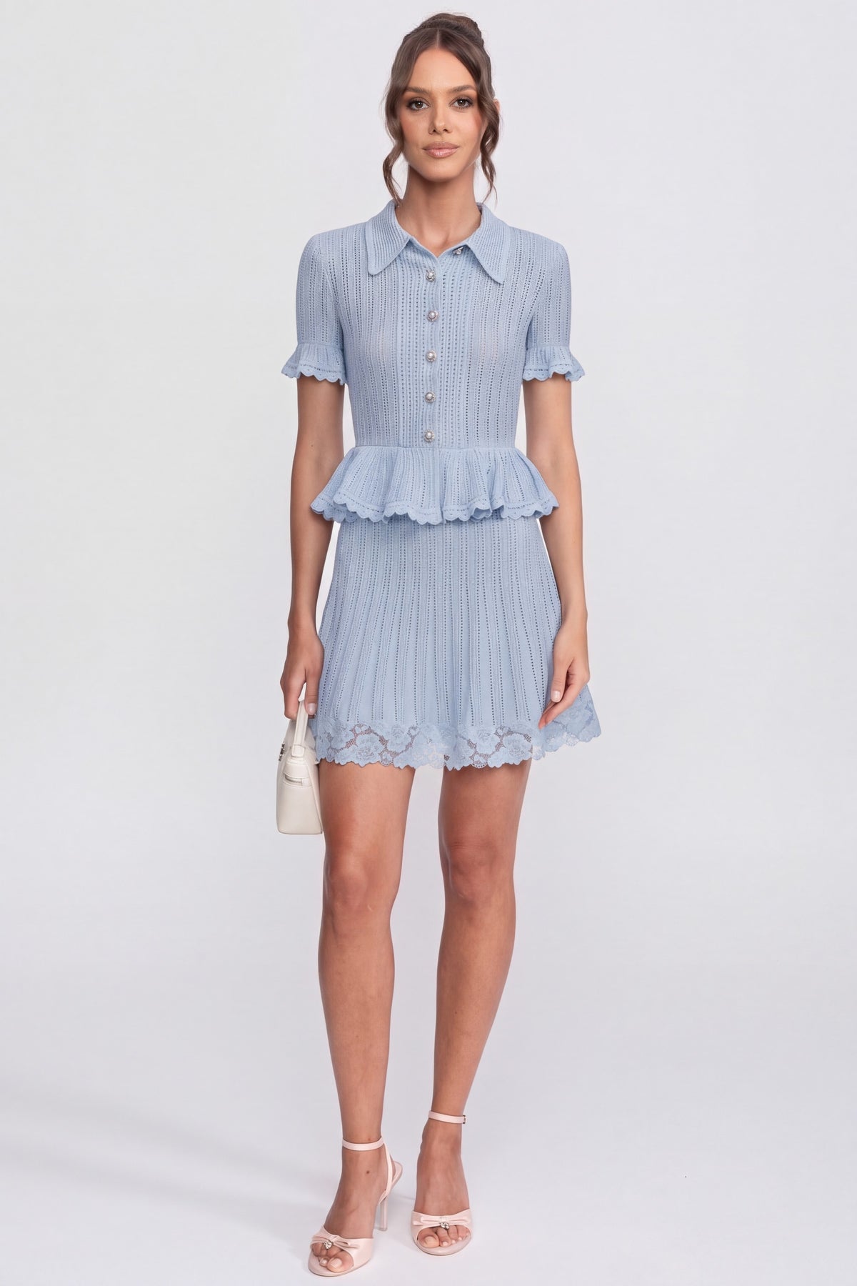 Set con top a polo con bottoni e minigonna - Blu 