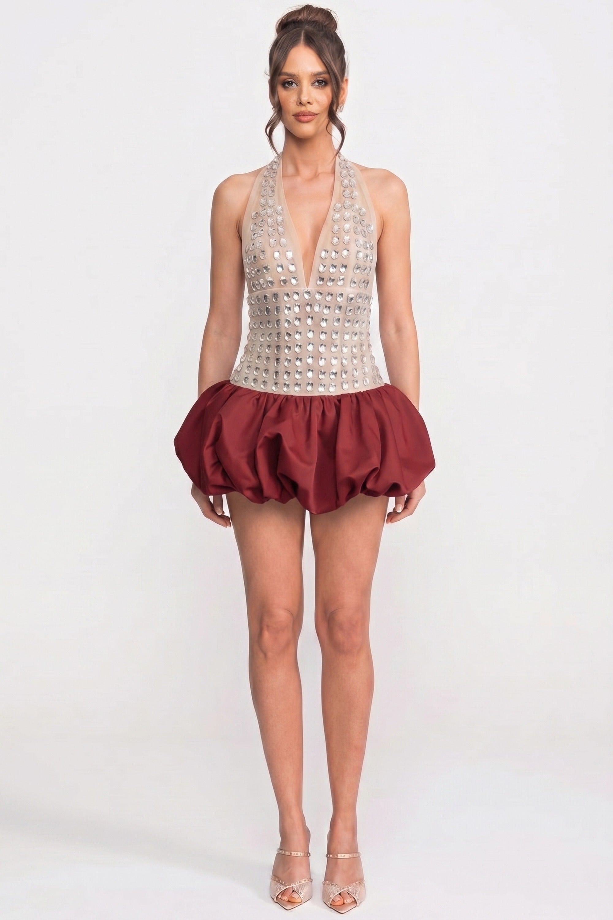 Abito Mini Halter con Gonna a Palloncino e Decorazioni in Cristalli - Rosso 