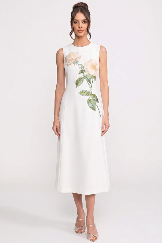 Abito midi senza maniche con applicazione floreale 3D e gonna ampia - White 