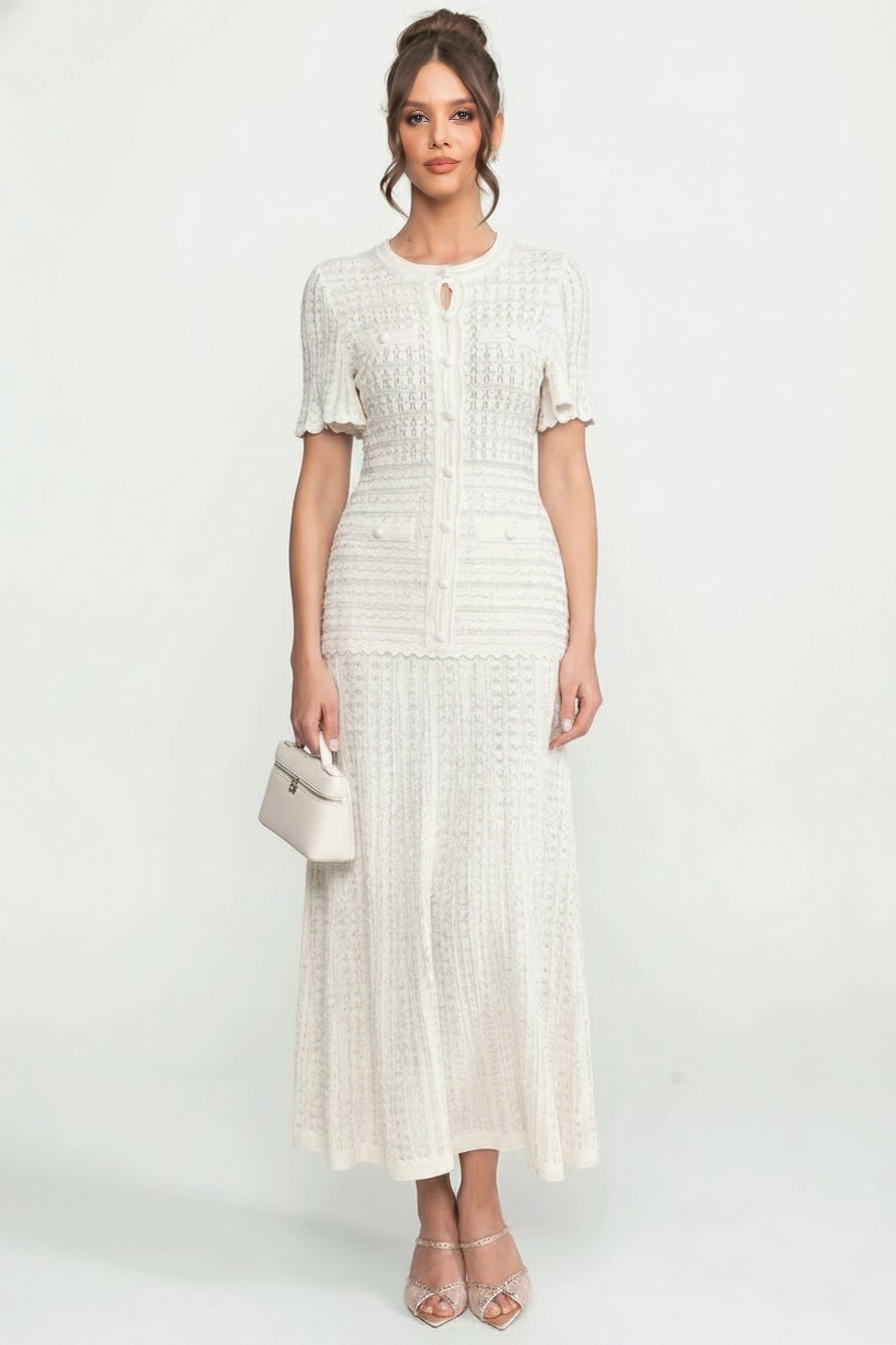 Abito midi a maniche corte con texture in maglia shimmer - bianco 